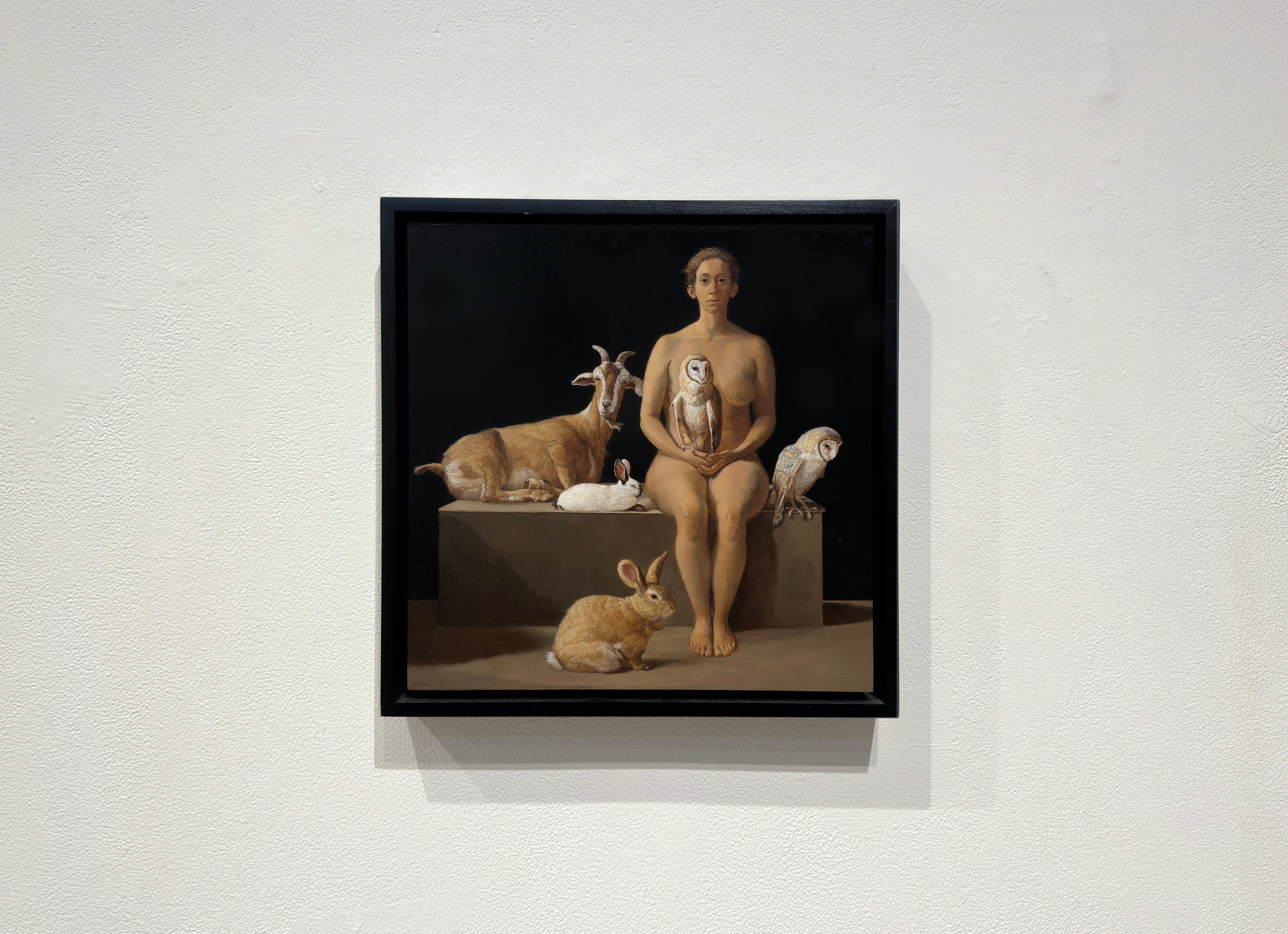 RESCUER MIT OWLS, RABBITS, UND einem FERAL GOAT, hyperrealistisches Tiergemälde – Painting von Patricia Traub