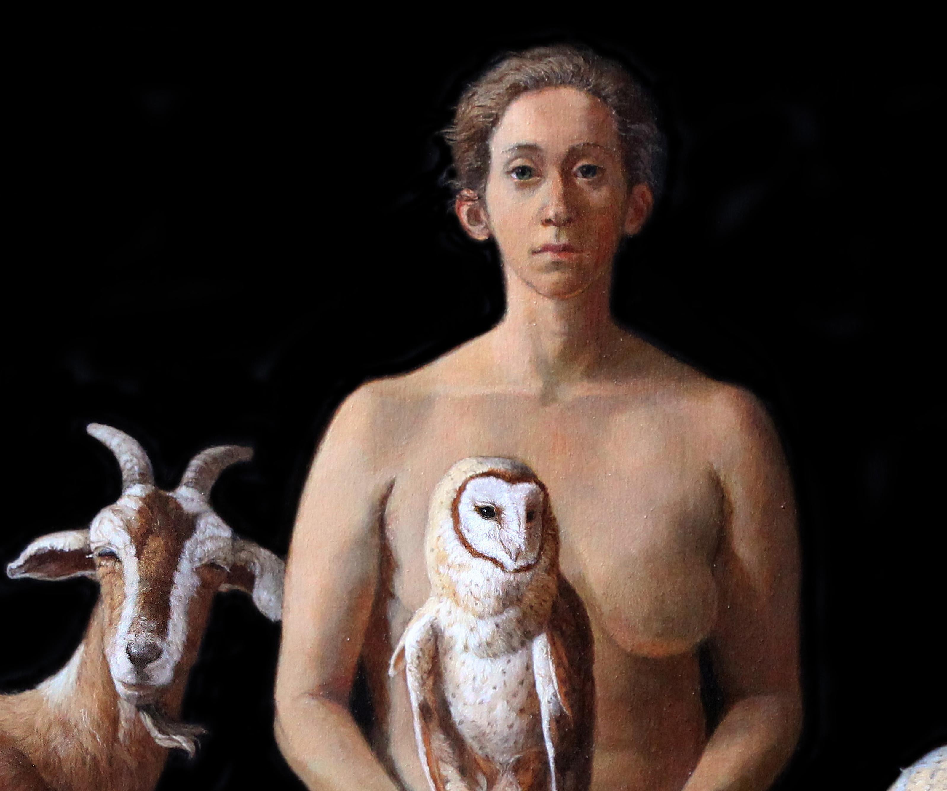 RESCUER WITH OWLS, RABBITS, & A FERAL GOAT - Contemporary Realism / Wildlife - Black Animal Painting by Patricia Traub