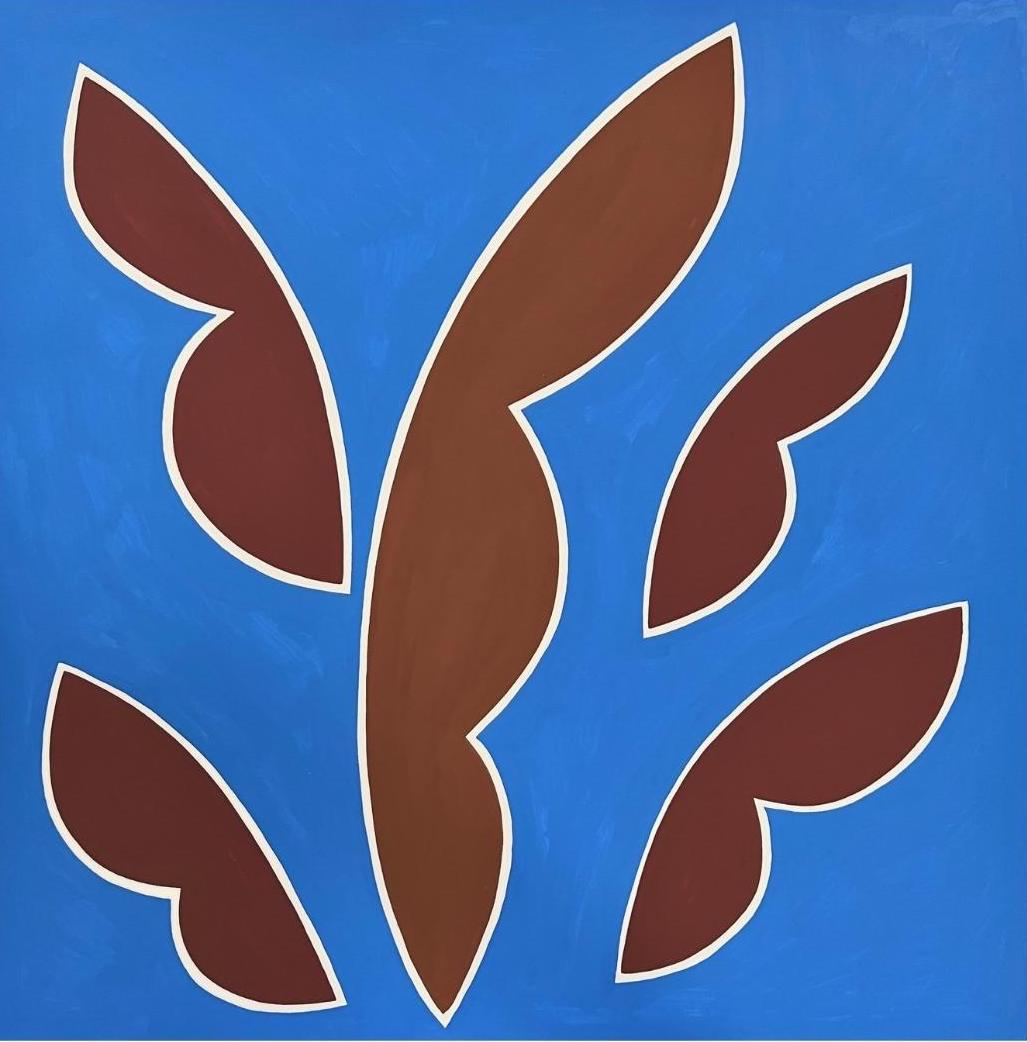 Patricia Udell Abstract Painting - Cobalt and Ochre Leaves Square
