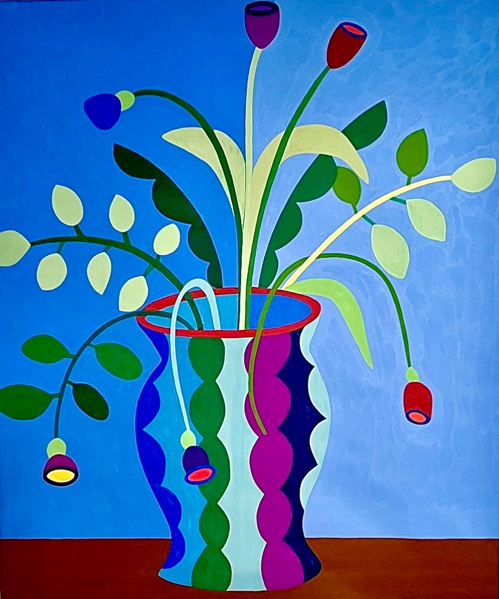 Feuilles avec tulipes rouges arquées - Painting de Patricia Udell