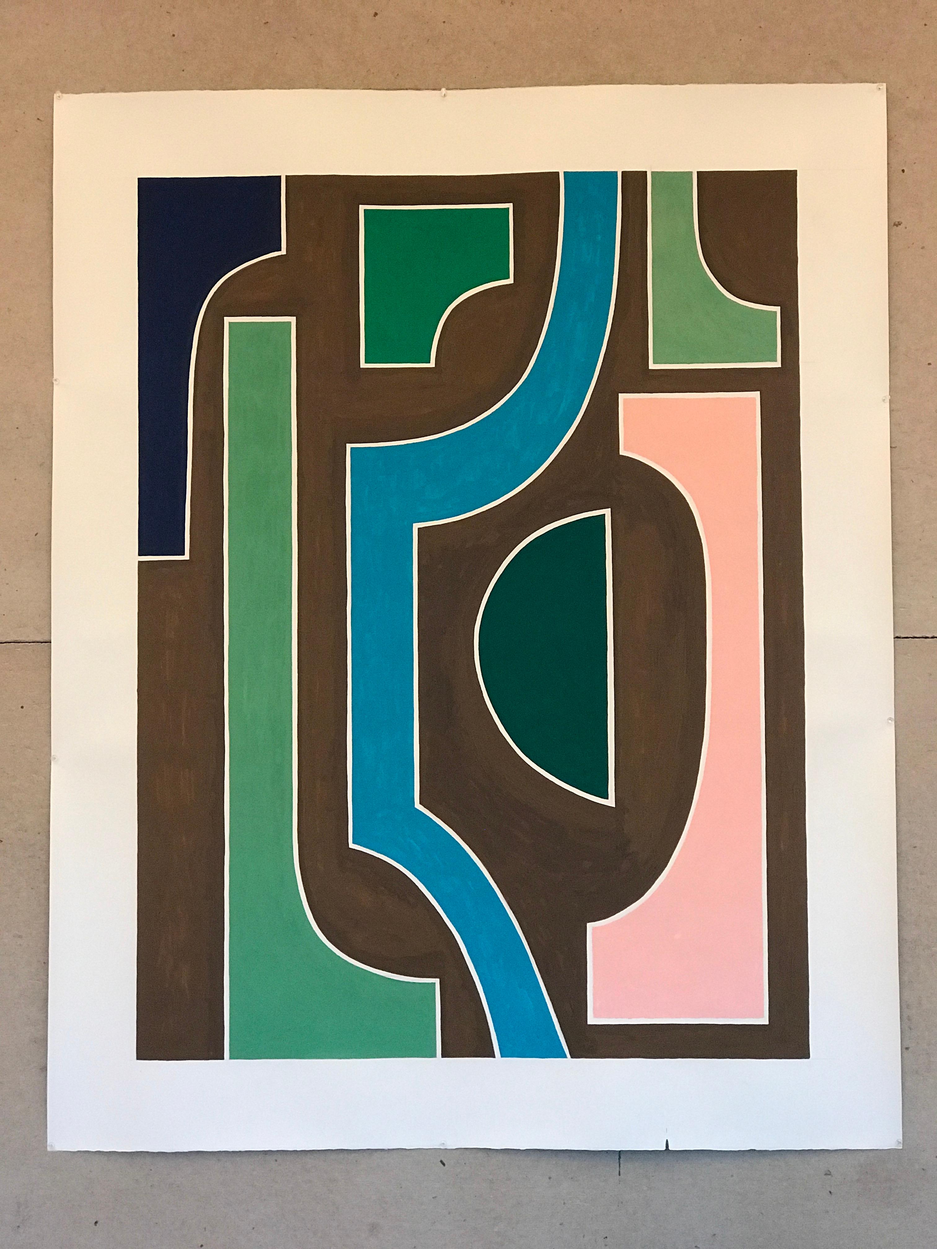 Abstract Painting Patricia Udell - Composition géométrique verticale en sépia III