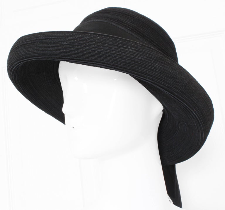 Patricia Underwood New York Black Corded Leather Hat Wide Brim + Ribbon ...
