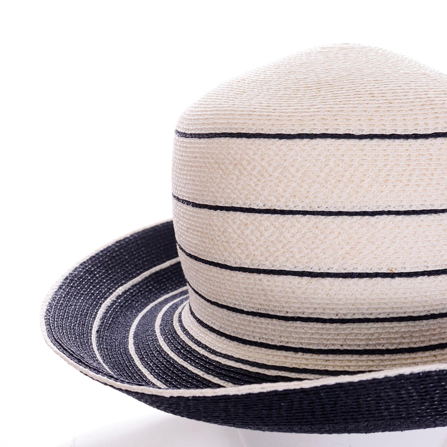Patricia Underwood New York Blue and White Vintage Coated Straw Summer Hat In Excellent Condition For Sale In Portland, OR