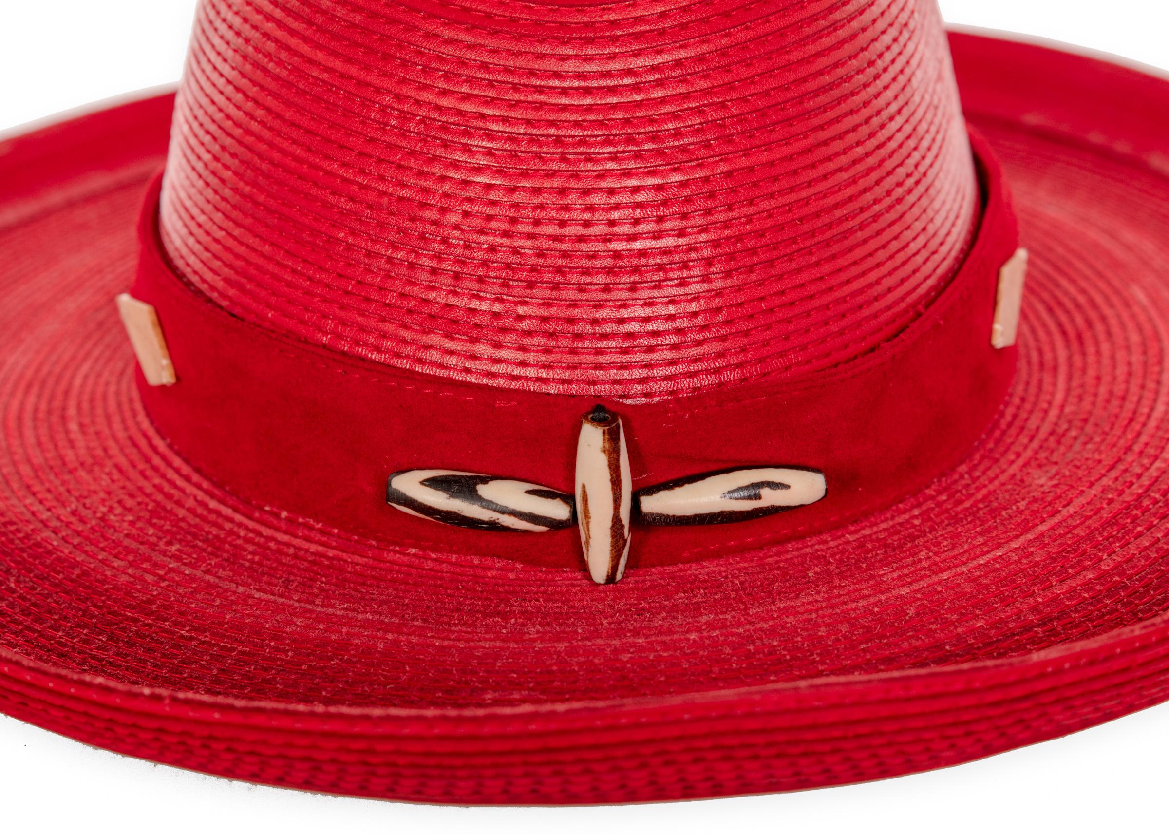Patricia Underwood Red Leather Western Hat, 1980s In Excellent Condition For Sale In Boca Raton, FL