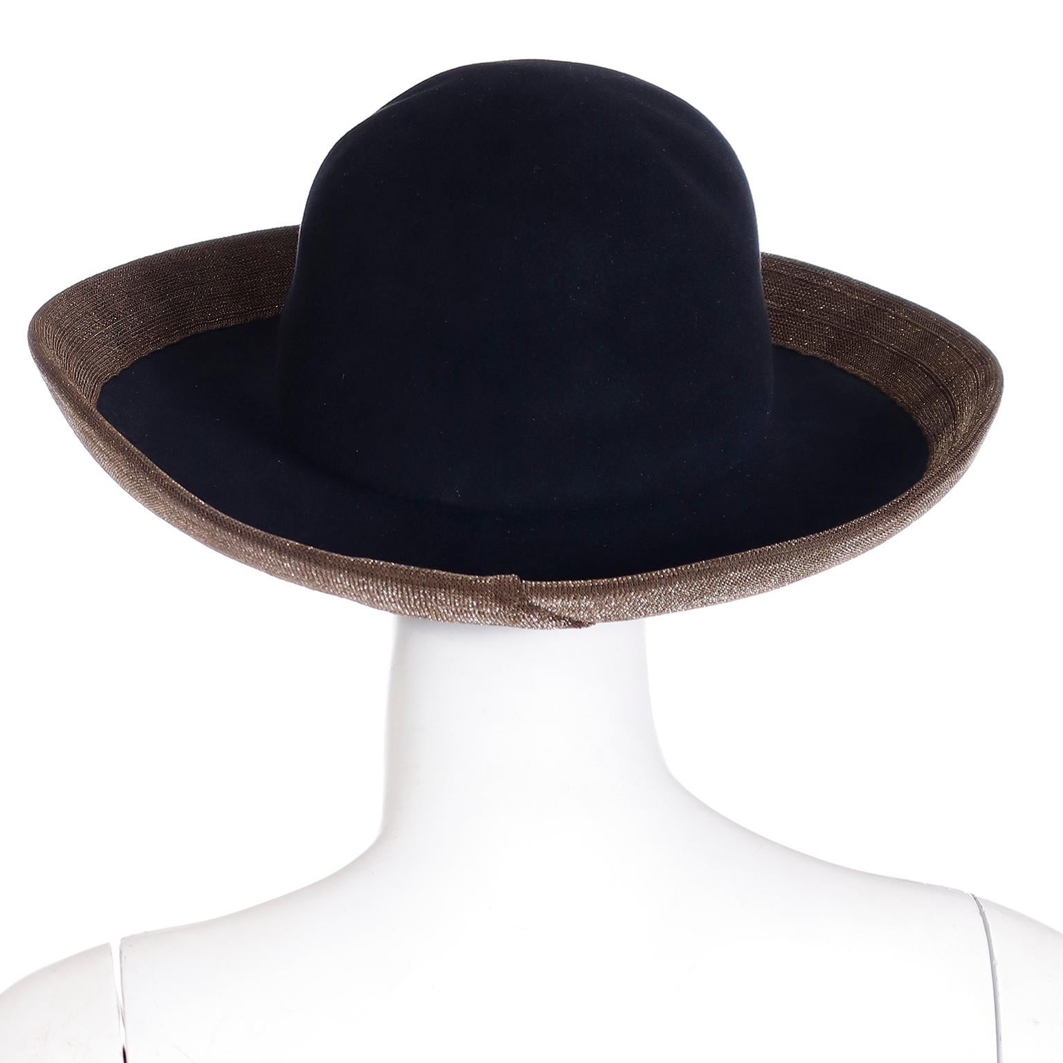 Patricia Underwood - Chapeau en laine noir vintage avec bordure métallique dorée et bronze, années 1990 Excellent état - En vente à Portland, OR