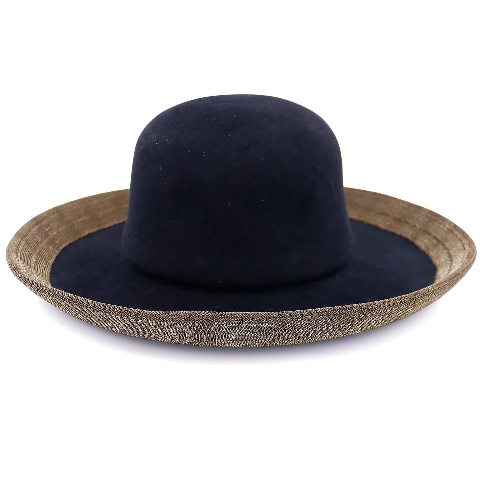 Women's Patricia Underwood Vintage 1990s Black Wool Hat W Bronzed Gold Metallic Brim For Sale