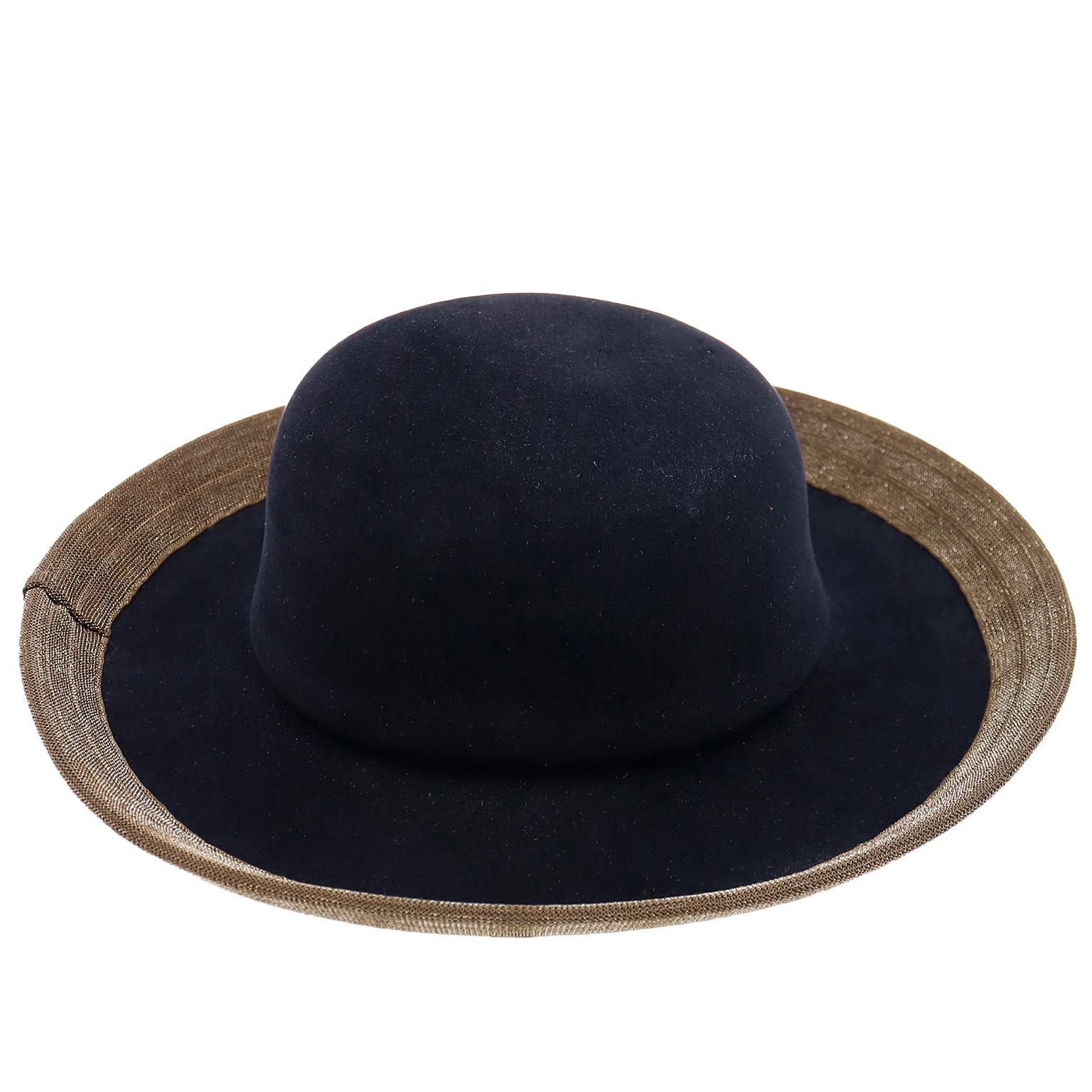 Patricia Underwood Vintage 1990s Black Wool Hat W Bronzed Gold Metallic Brim For Sale 1