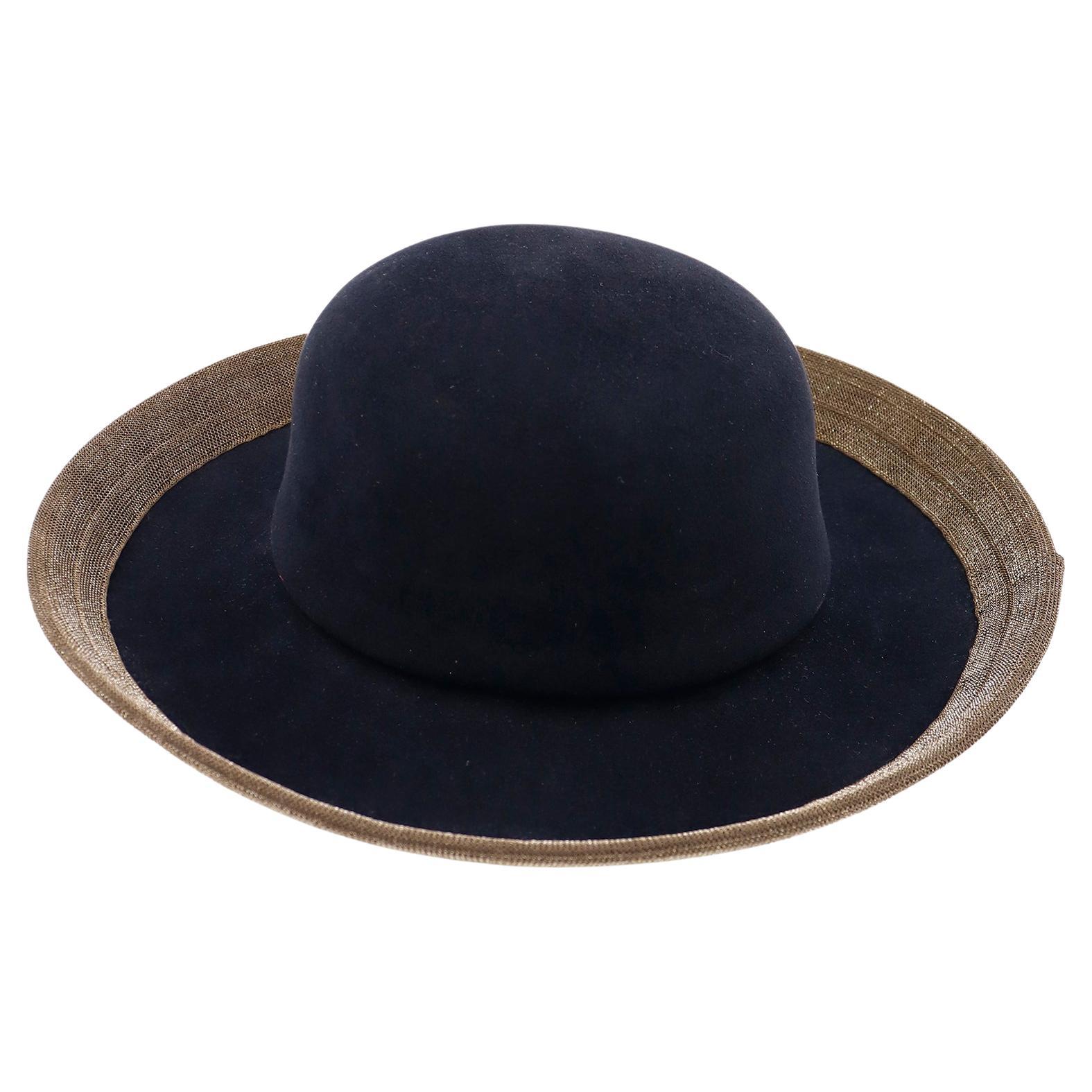 Patricia Underwood Vintage 1990s Black Wool Hat W Bronzed Gold Metallic Brim