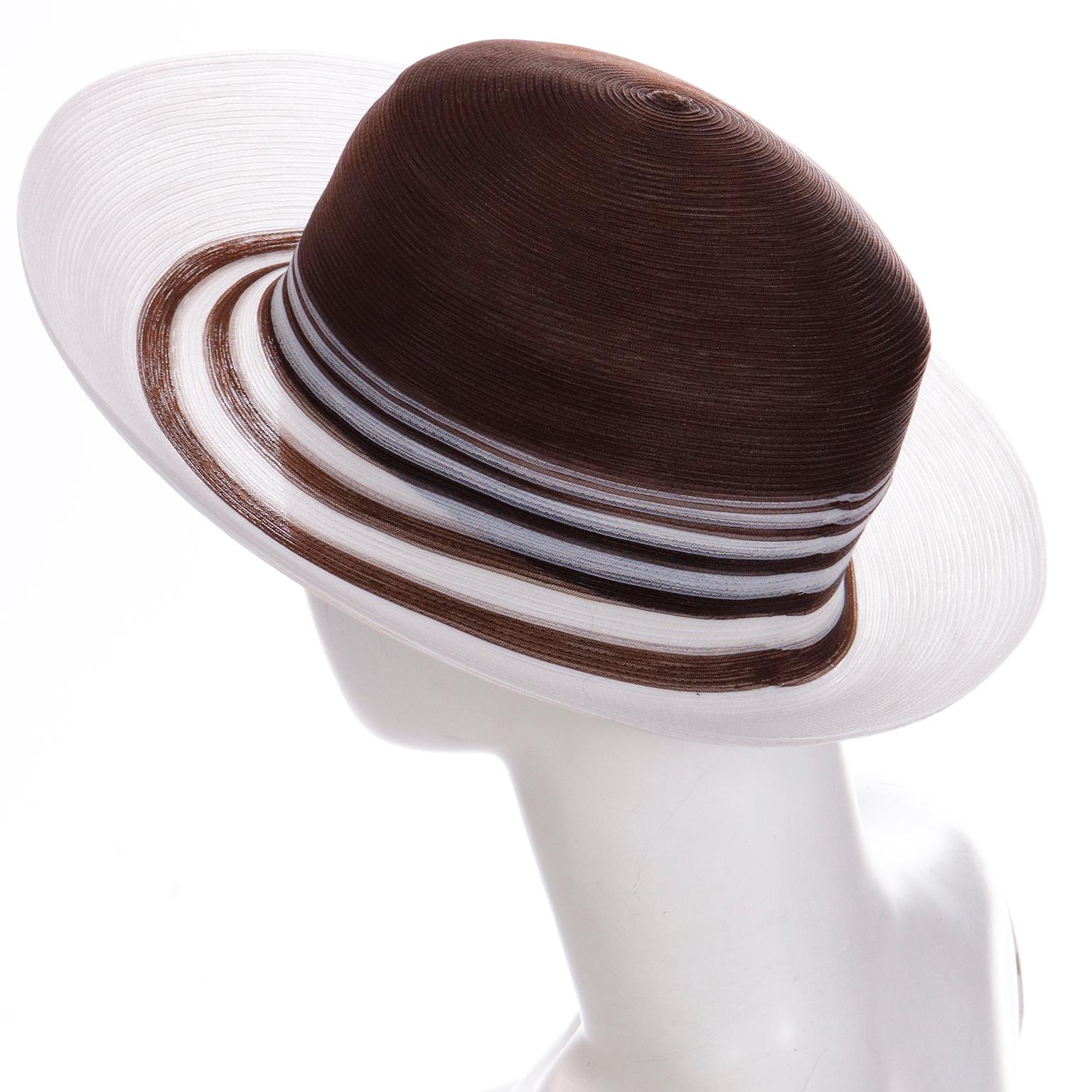 Black Patricia Underwood Vintage Brown and White Striped Summer Hat For Sale