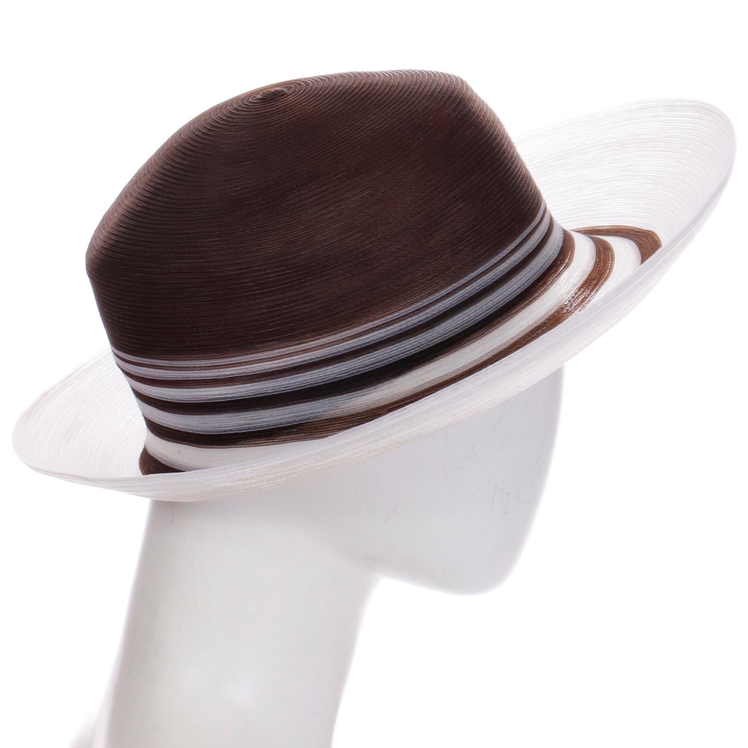Patricia Underwood Vintage Brown and White Striped Summer Hat In Excellent Condition For Sale In Portland, OR