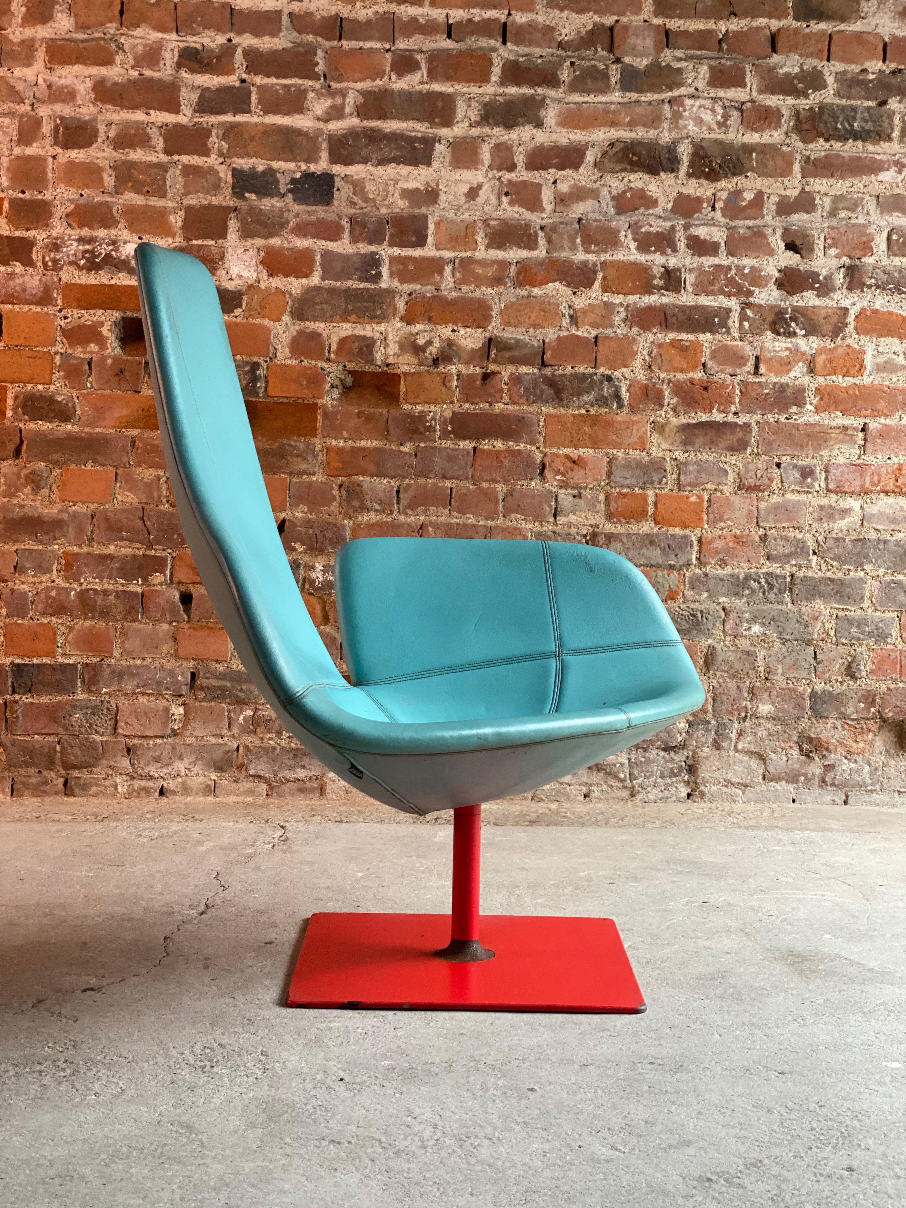 Patricia Urquiola Fjord armchair relax by Moroso, Italy, circa 2002

Patricia Urquiola Fjord relax armchair by Moroso Italy, circa 2002, turquoise leather with red stitching on red-painted swivel base, Polyurethane foam, steel, upholstery.

From