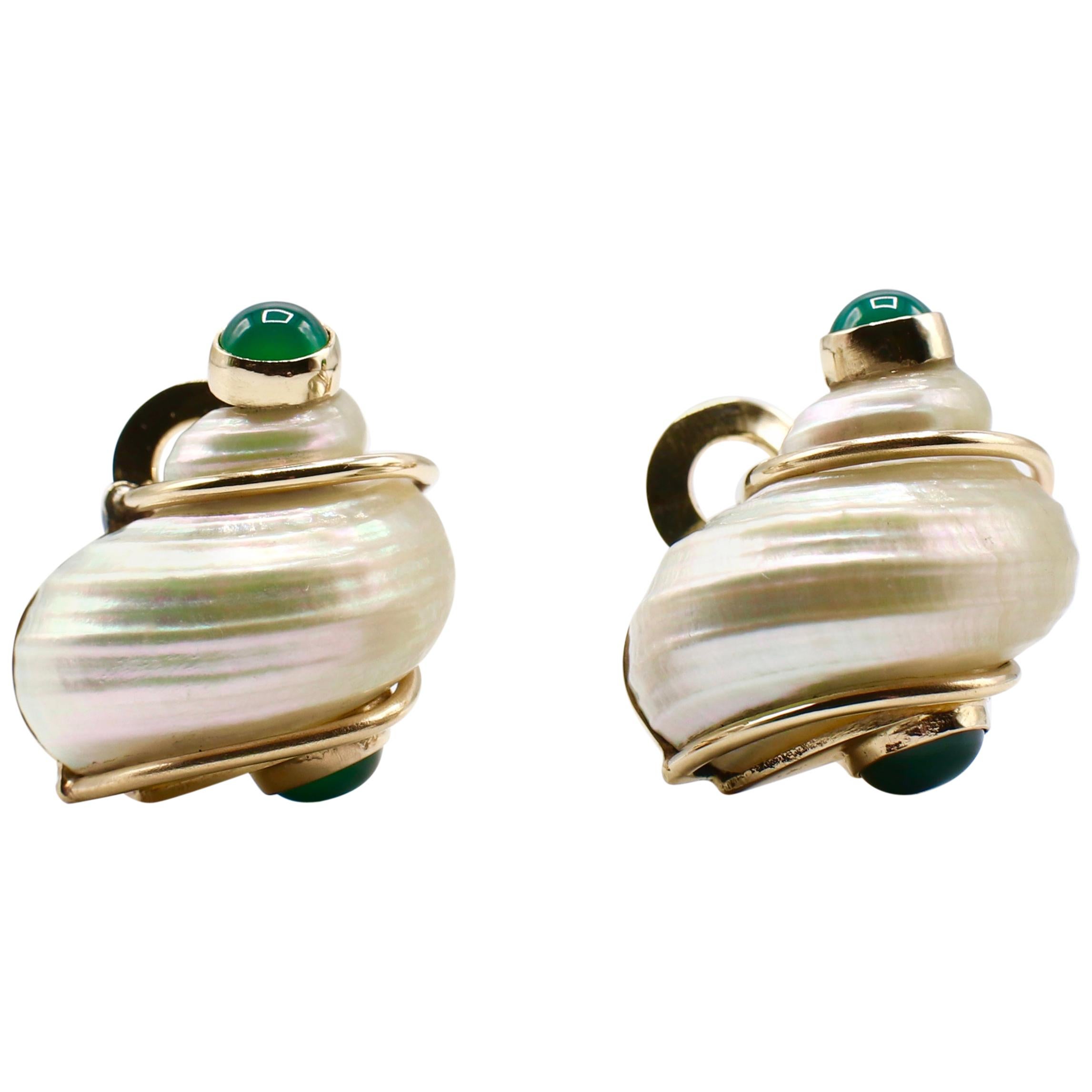 Seaman Schepps Turbo Shell Earrings Gold and Green Chalcedony