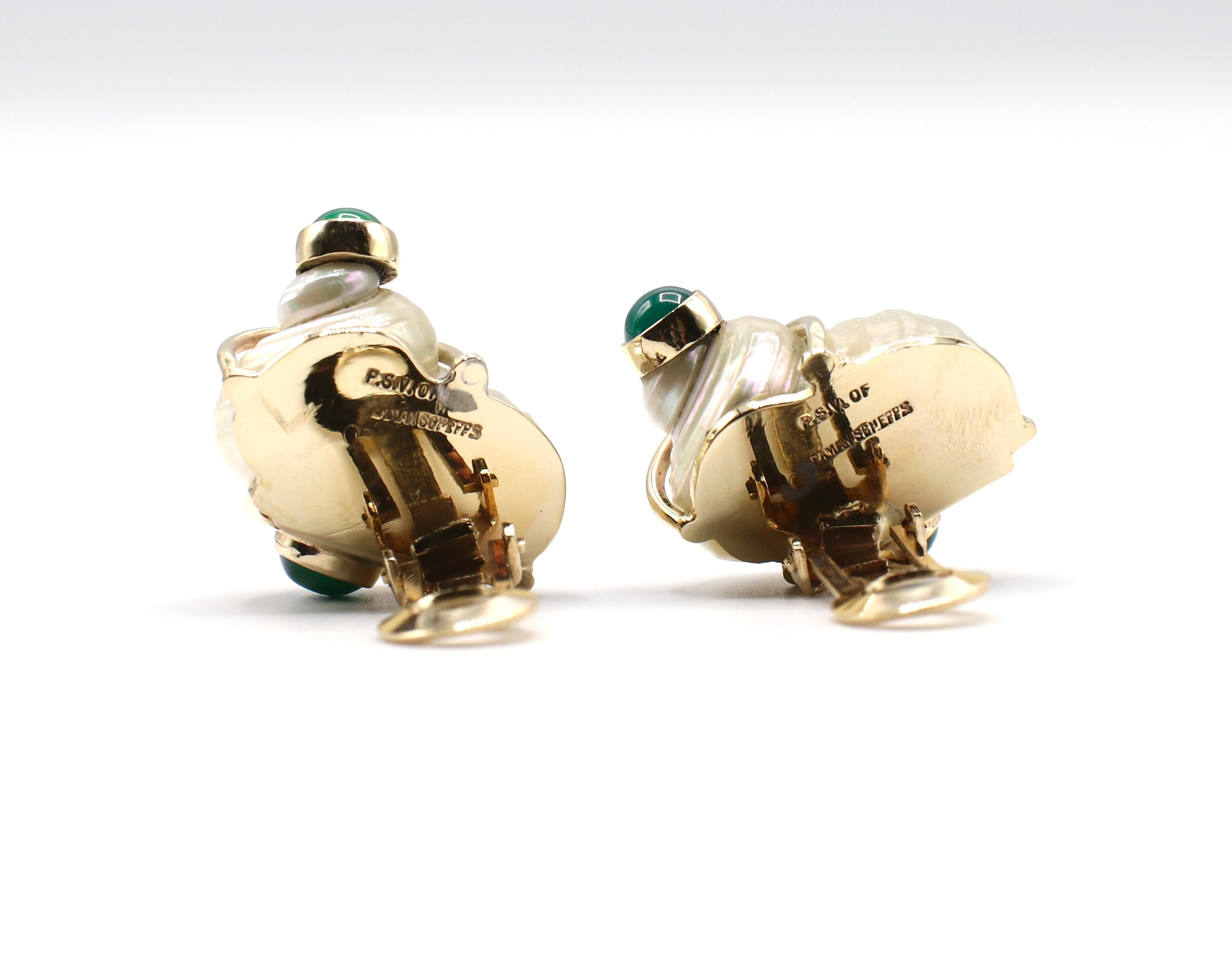 Cabochon Seaman Schepps Turbo Shell Earrings Gold and Green Chalcedony