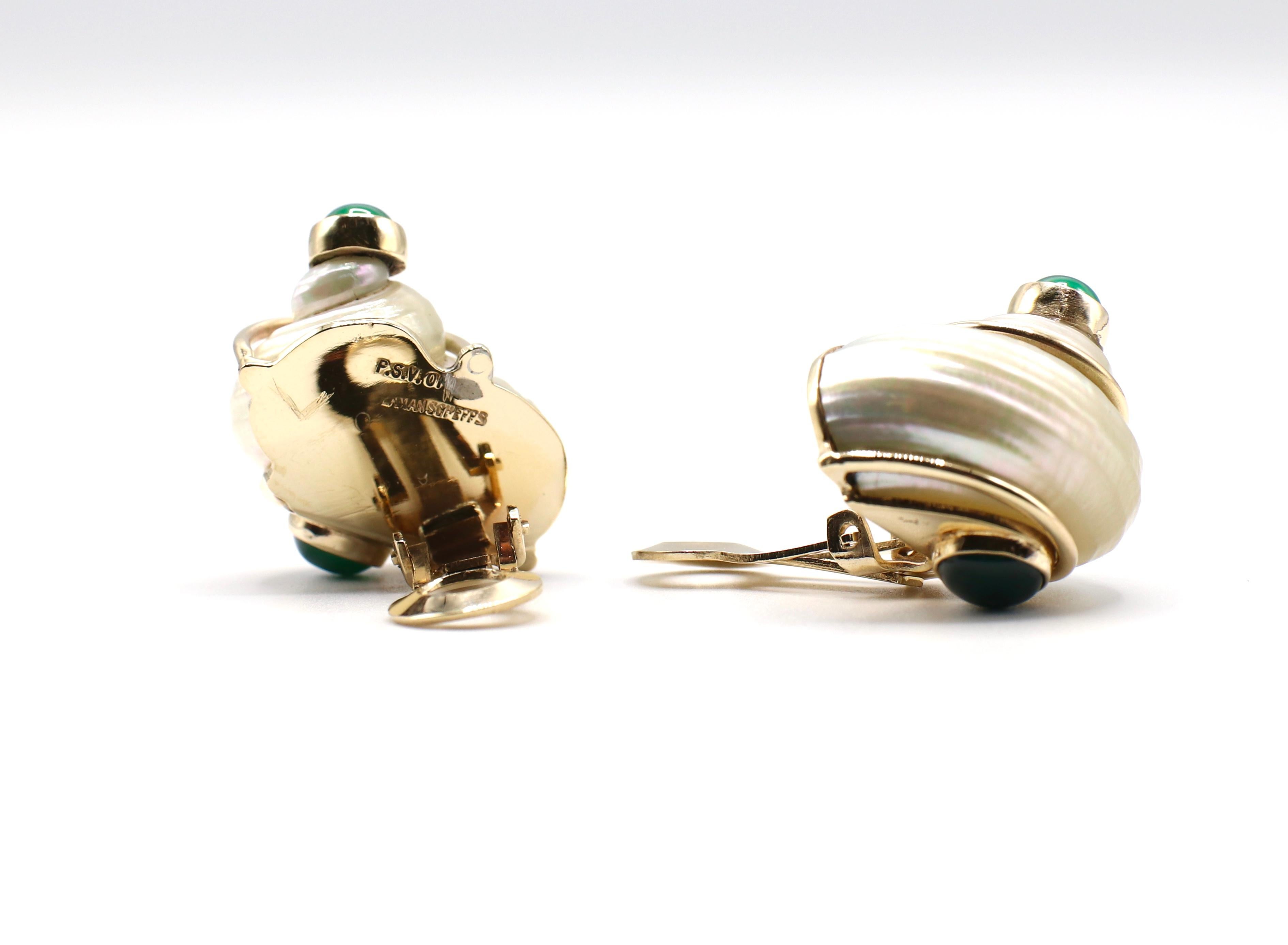 Seaman Schepps Turbo Shell Earrings Gold and Green Chalcedony In Good Condition In  Baltimore, MD