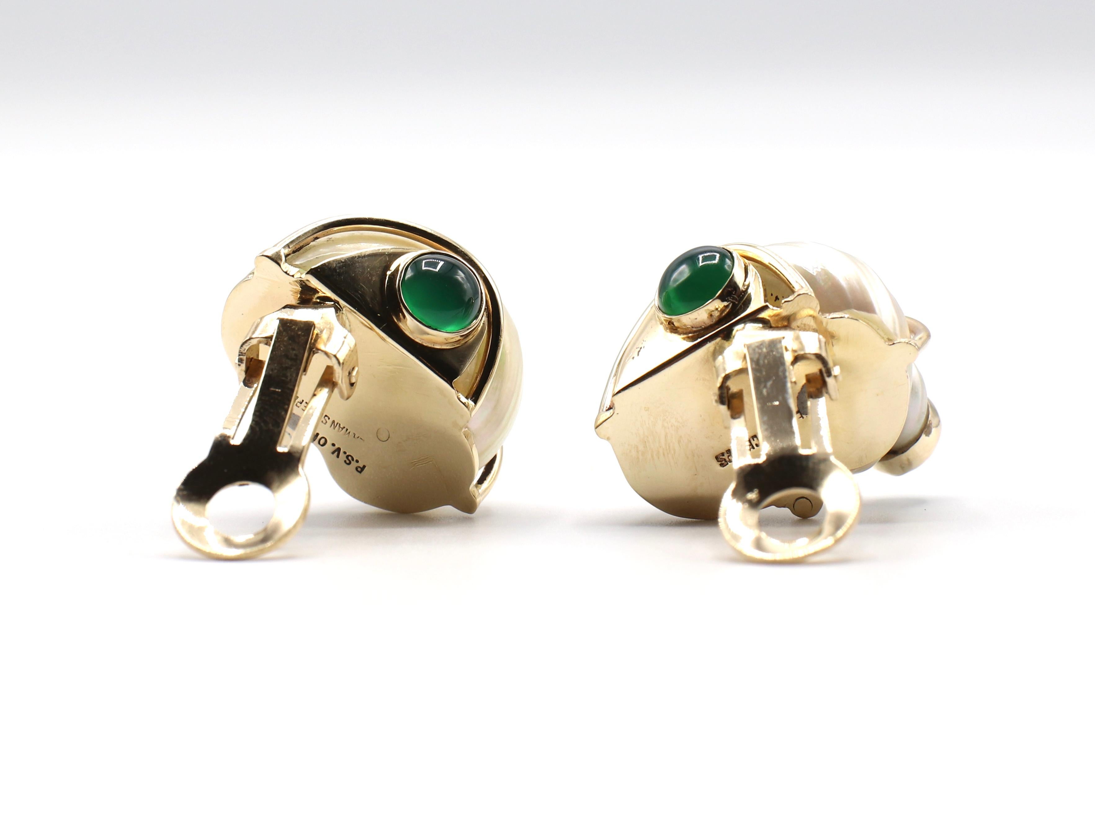 Women's Seaman Schepps Turbo Shell Earrings Gold and Green Chalcedony