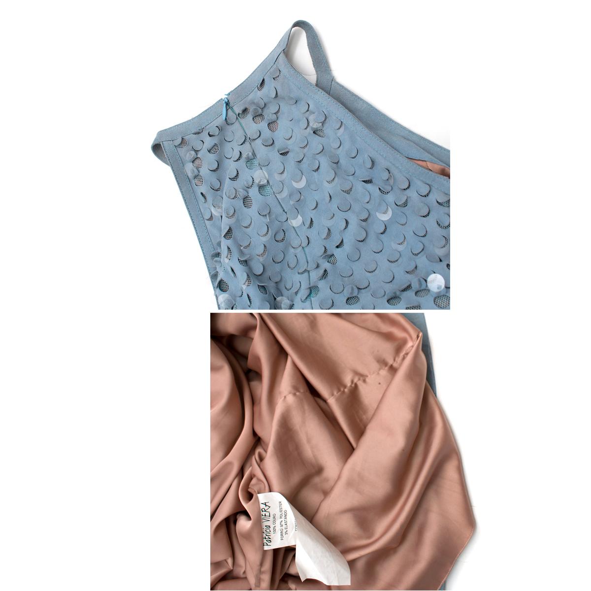 Patricia Viera Blue Suede Sequin Embellished Halterneck Dress - Size US 6 For Sale 6