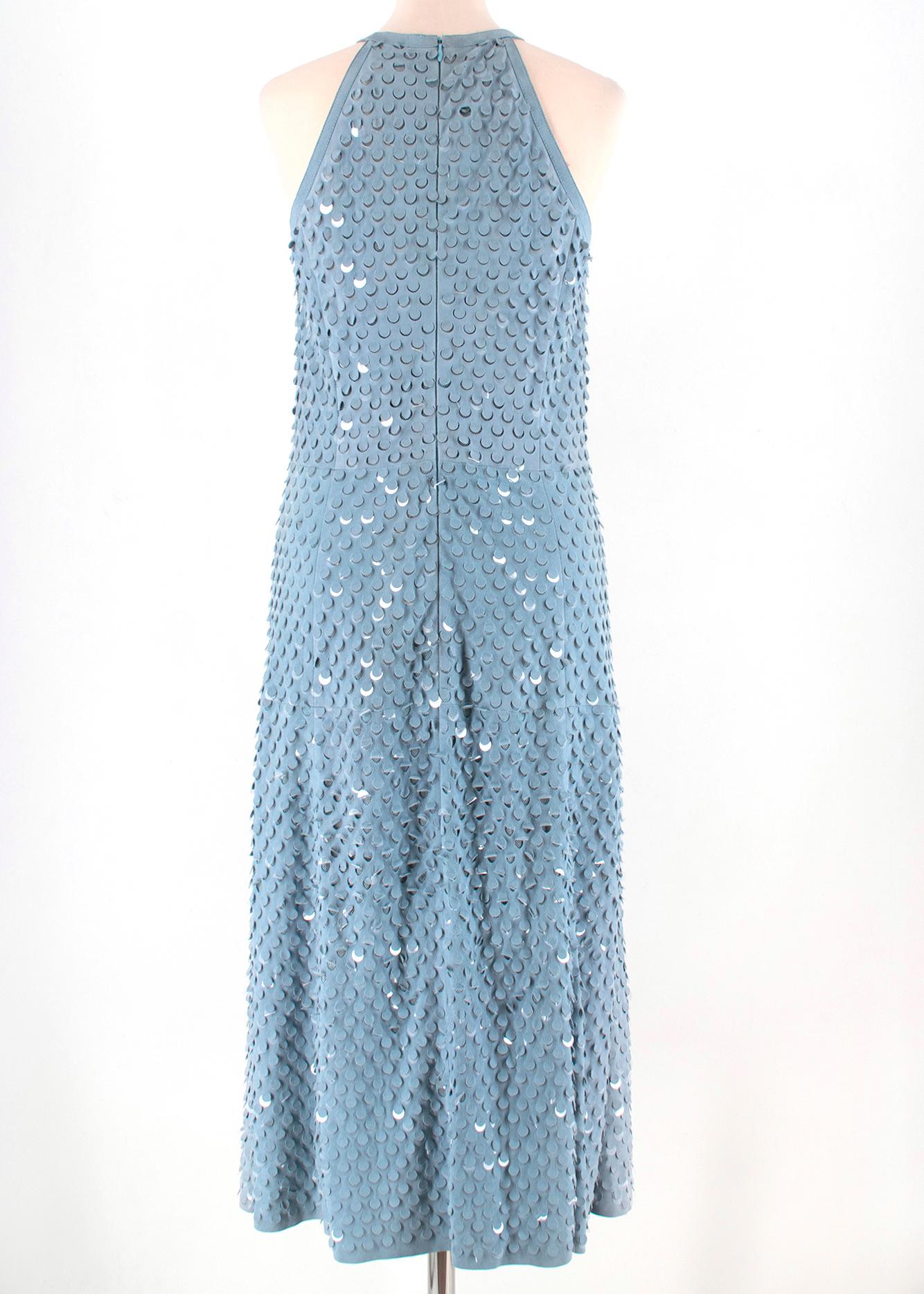 Patricia Viera Blue Suede Sequin Embellished Halterneck Dress - Size US 6 In Excellent Condition For Sale In London, GB