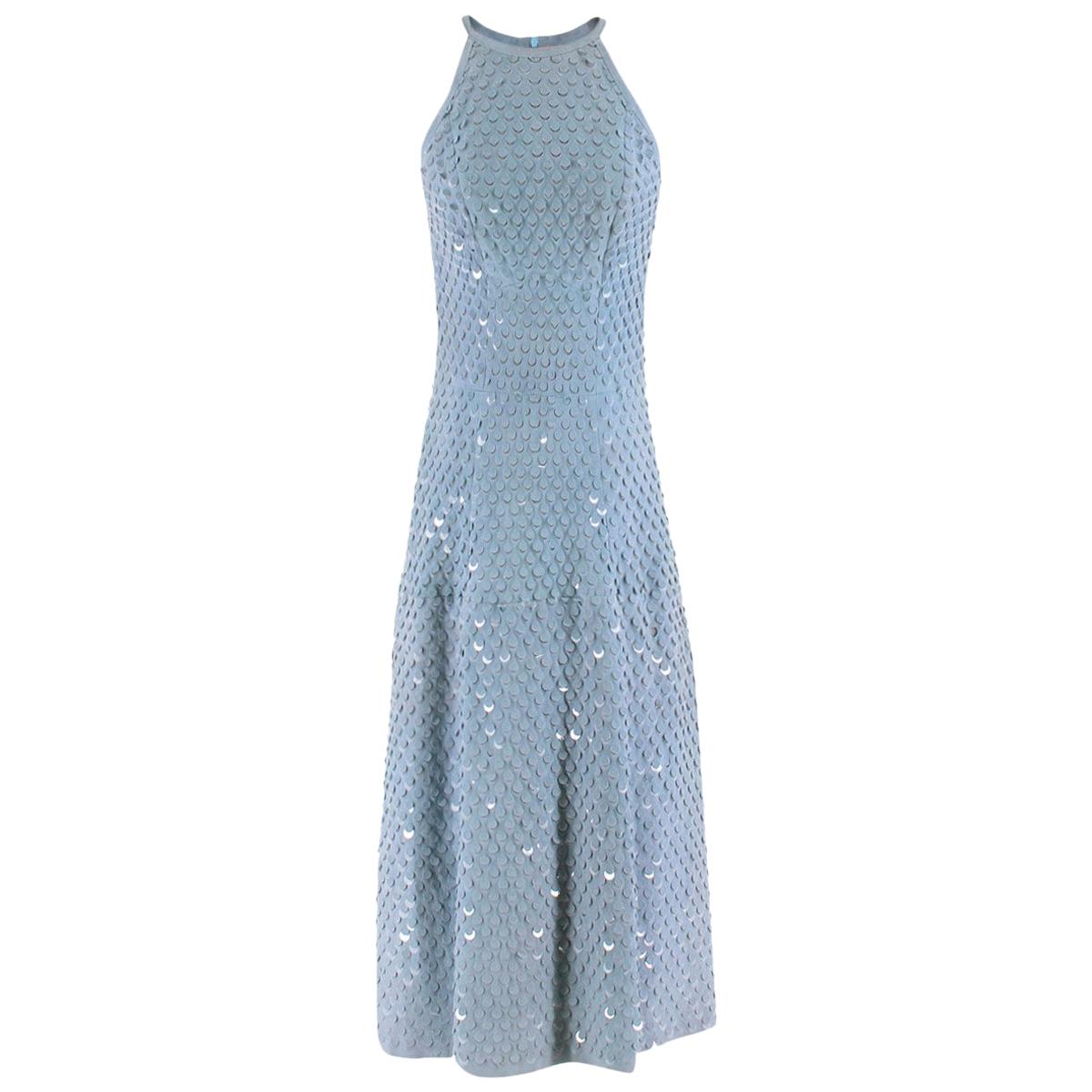 Patricia Viera Blue Suede Sequin Embellished Halterneck Dress - Size US 6 For Sale