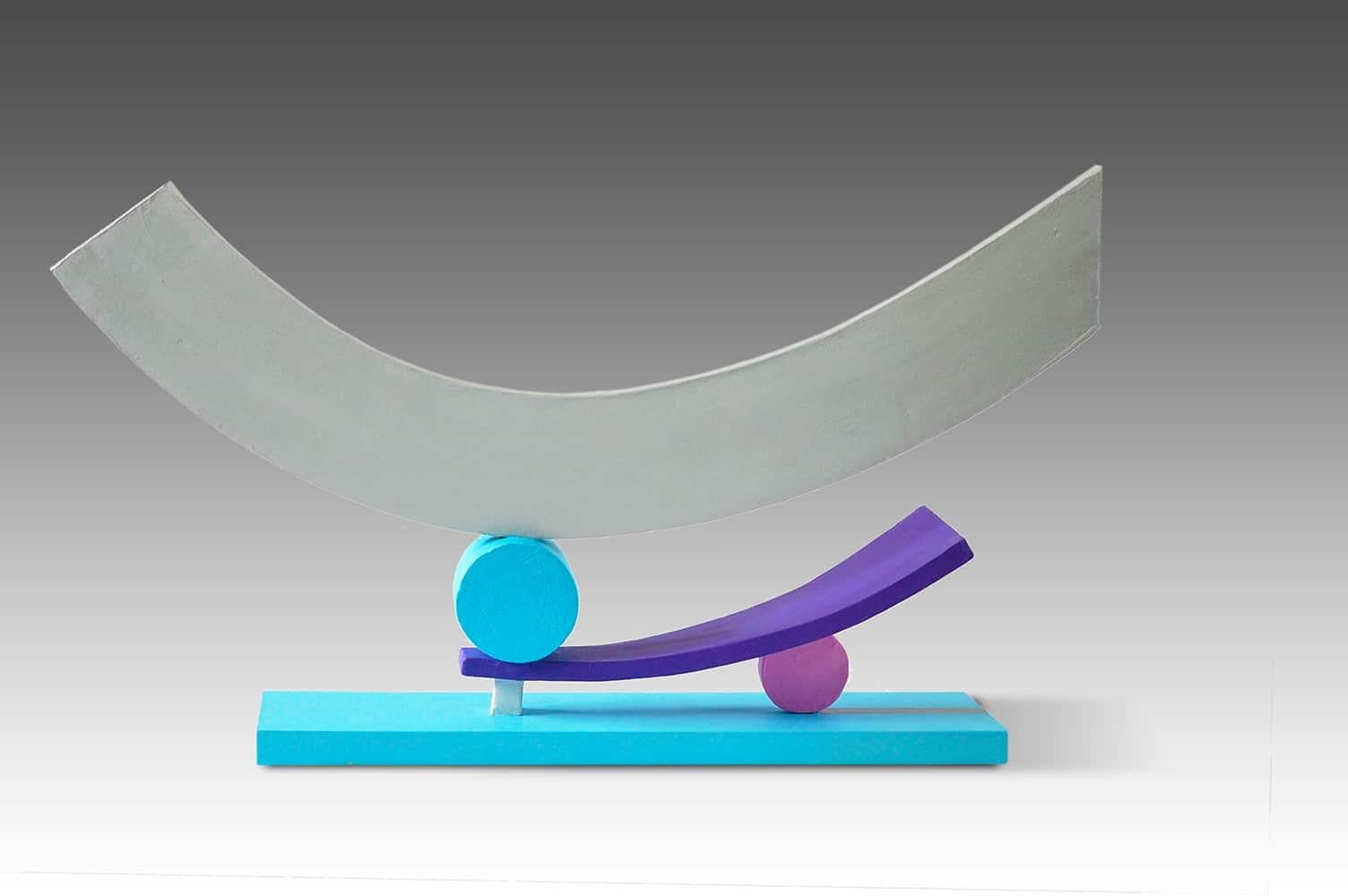 Balance is a unique fired clay constructed, painted and mounted on MDF sculpture by contemporary artist Patricia Volk, dimensions are 33 × 56 × 10 cm (13 × 22 × 3.9 in). 
The sculpture is signed and comes with a certificate of authenticity.