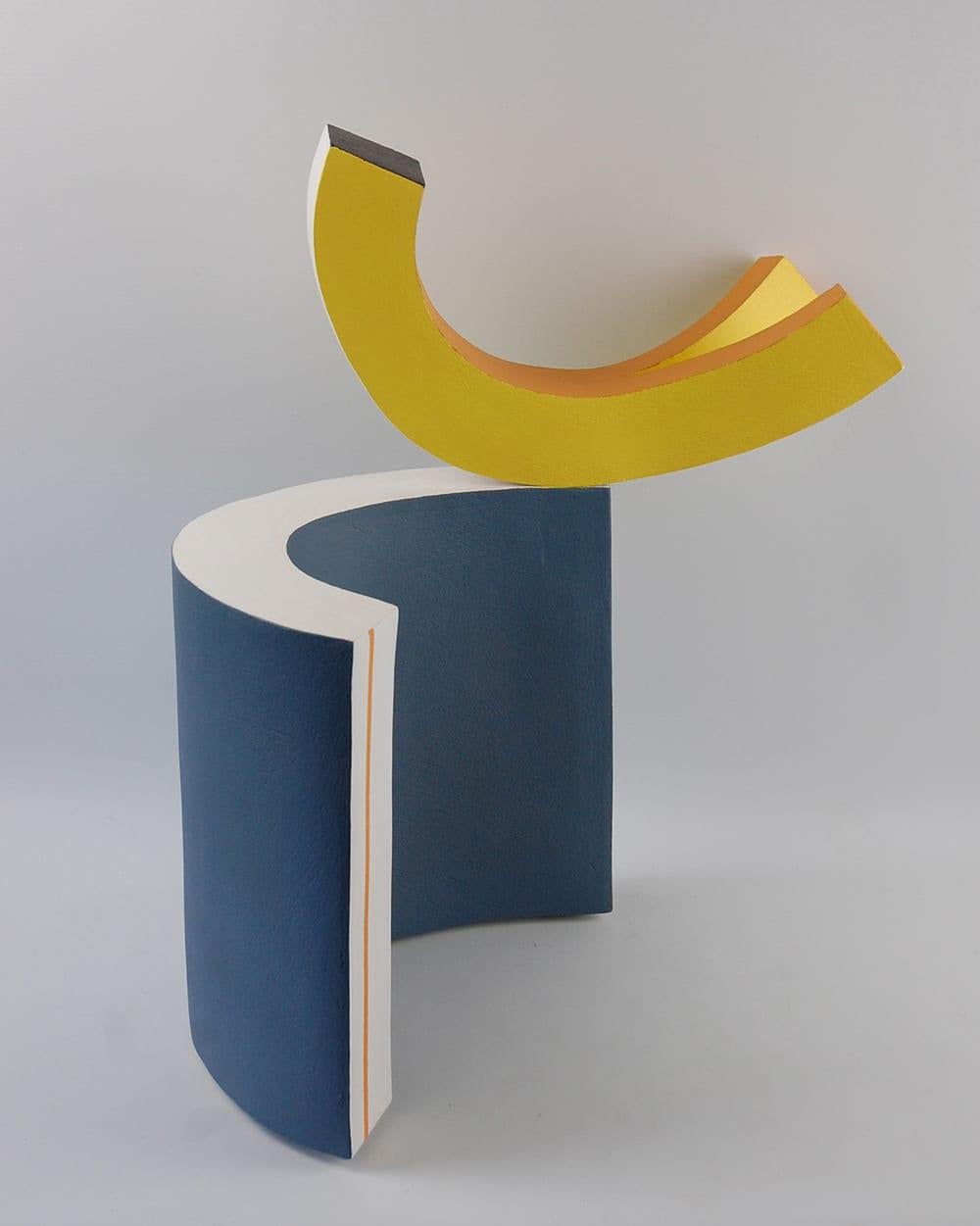 Bird by Patricia Volk - Abstract ceramic sculpture, painted clay, yellow, blue For Sale 1
