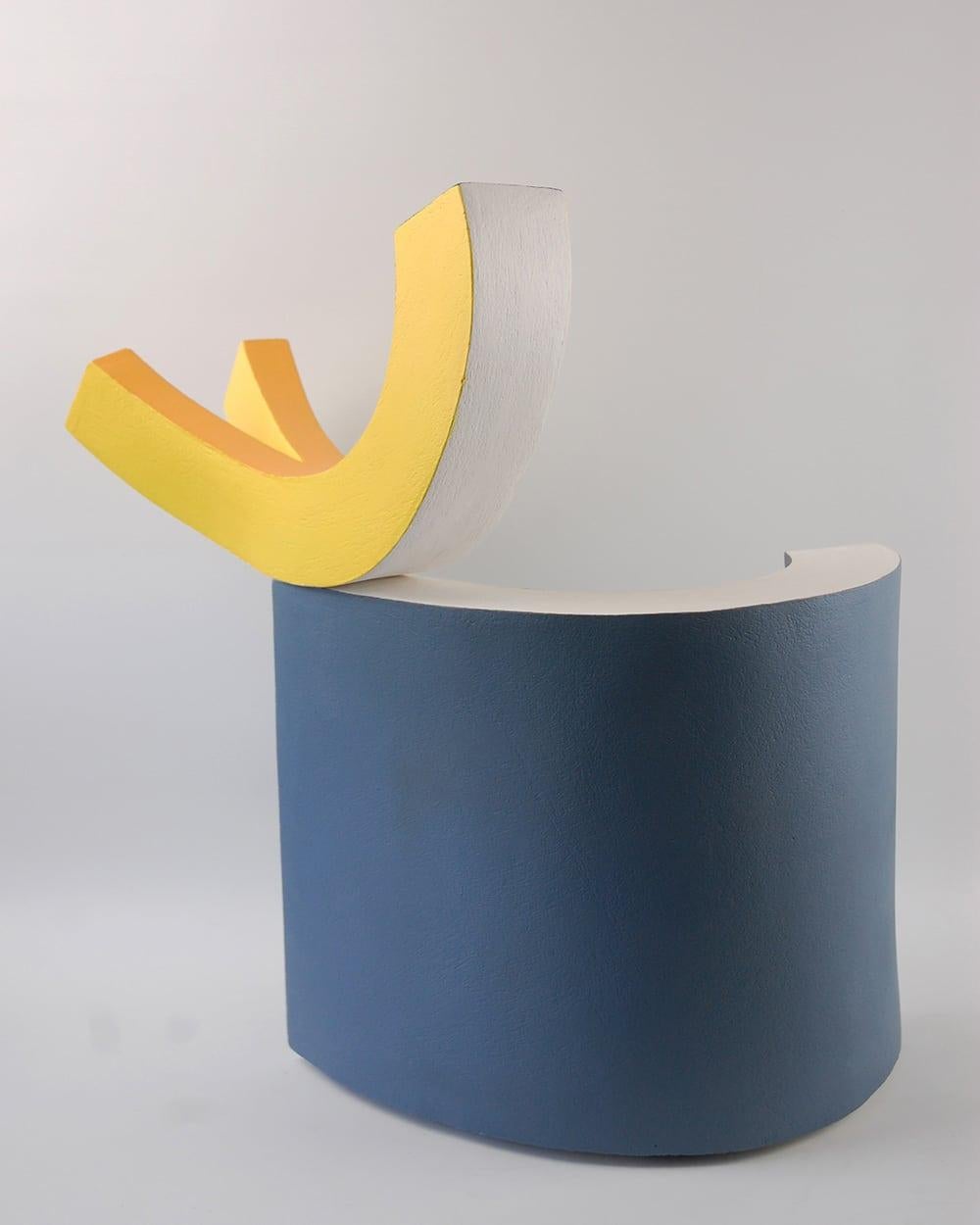 Bird by Patricia Volk - Abstract ceramic sculpture, painted clay, yellow, blue For Sale 2