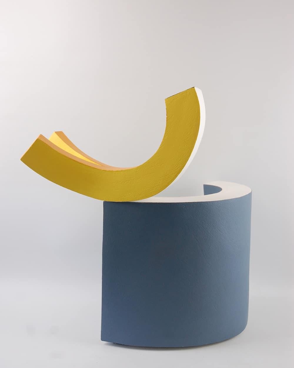 Bird by Patricia Volk - Abstract ceramic sculpture, painted clay, yellow, blue For Sale 3