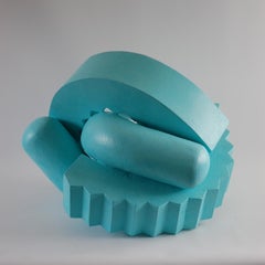 Cog (Teal) by Patricia Volk - Abstract ceramic sculpture, painted clay