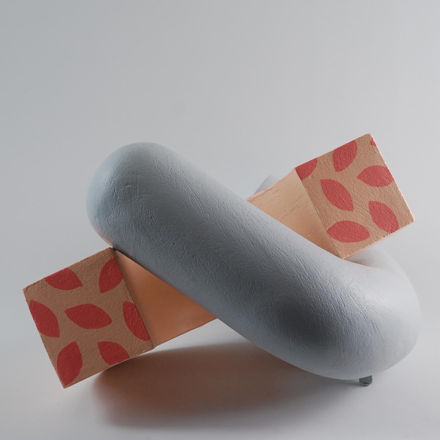 Embrace by Patricia Volk - Abstract ceramic sculpture, painted clay, pink & grey For Sale 3