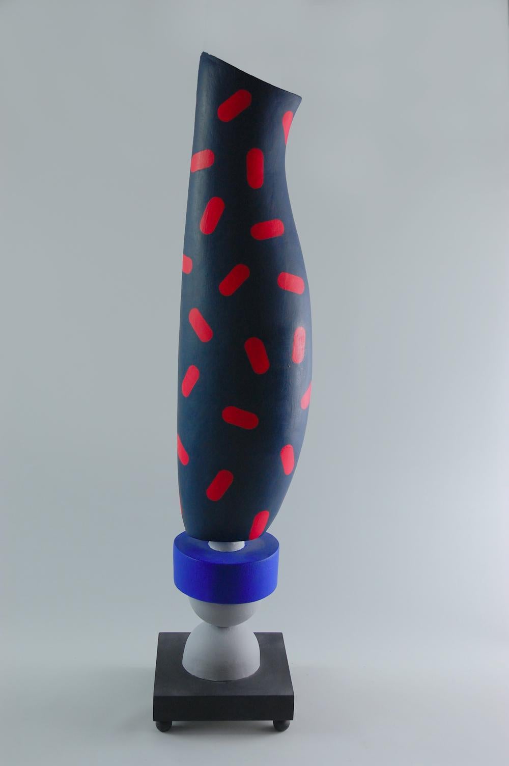 Random by Patricia Volk - Abstract ceramic sculpture, painted clay, totem, blue For Sale 1