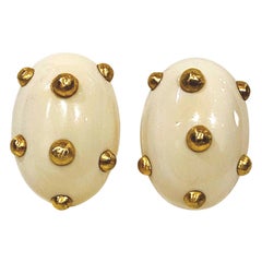 Vintage Patricia Von Musulin Large Oval Bone & Gold Vermeil Button Earrings