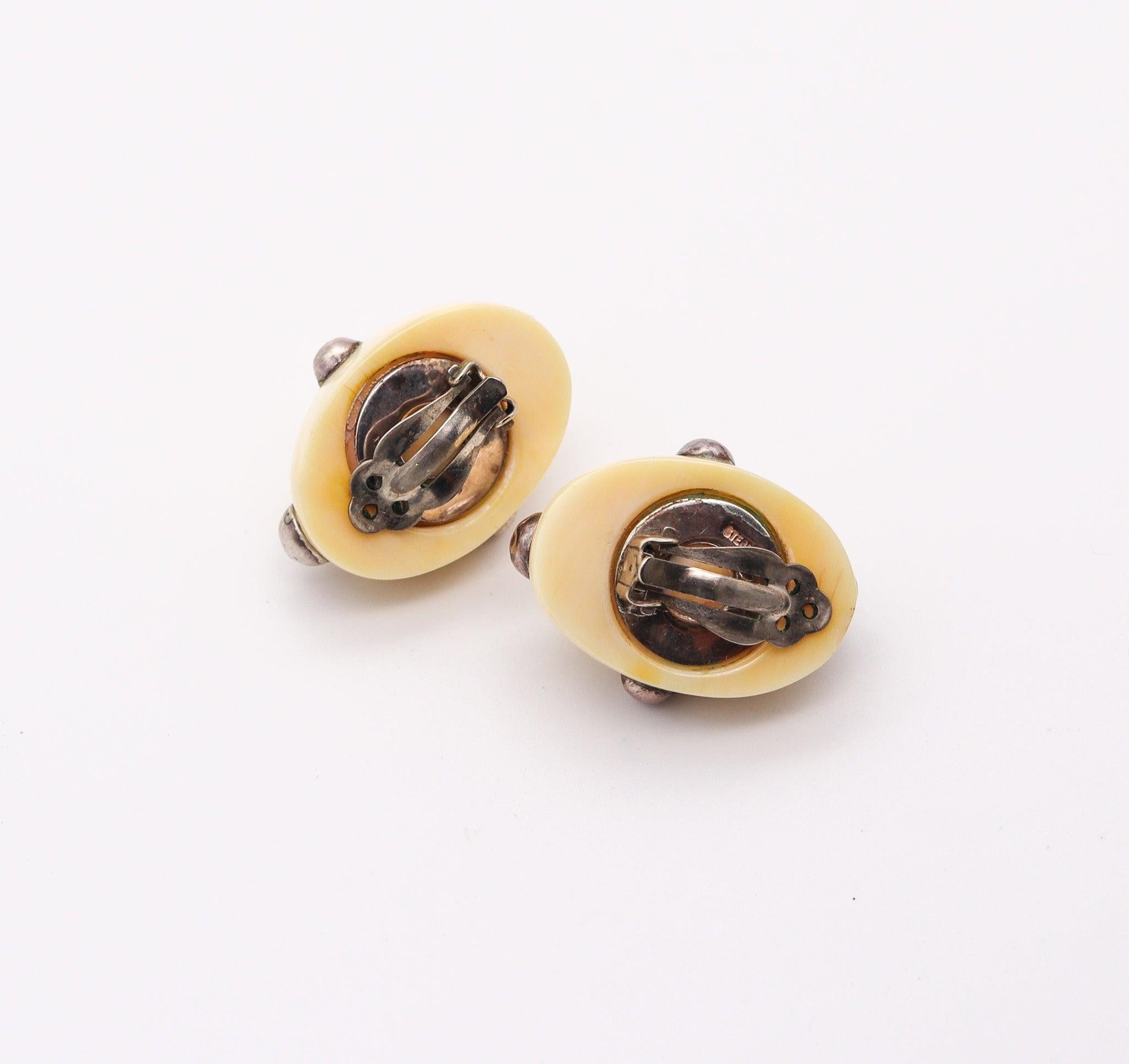 PATRICIA VON MUSULIN 1970 Modernist Clips Earrings Carved Ivory & .925 Sterling For Sale 1