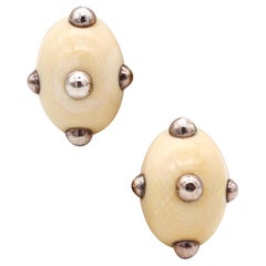 PATRICIA VON MUSULIN 1970 Modernist Clips Earrings Carved Ivory & .925 Sterling