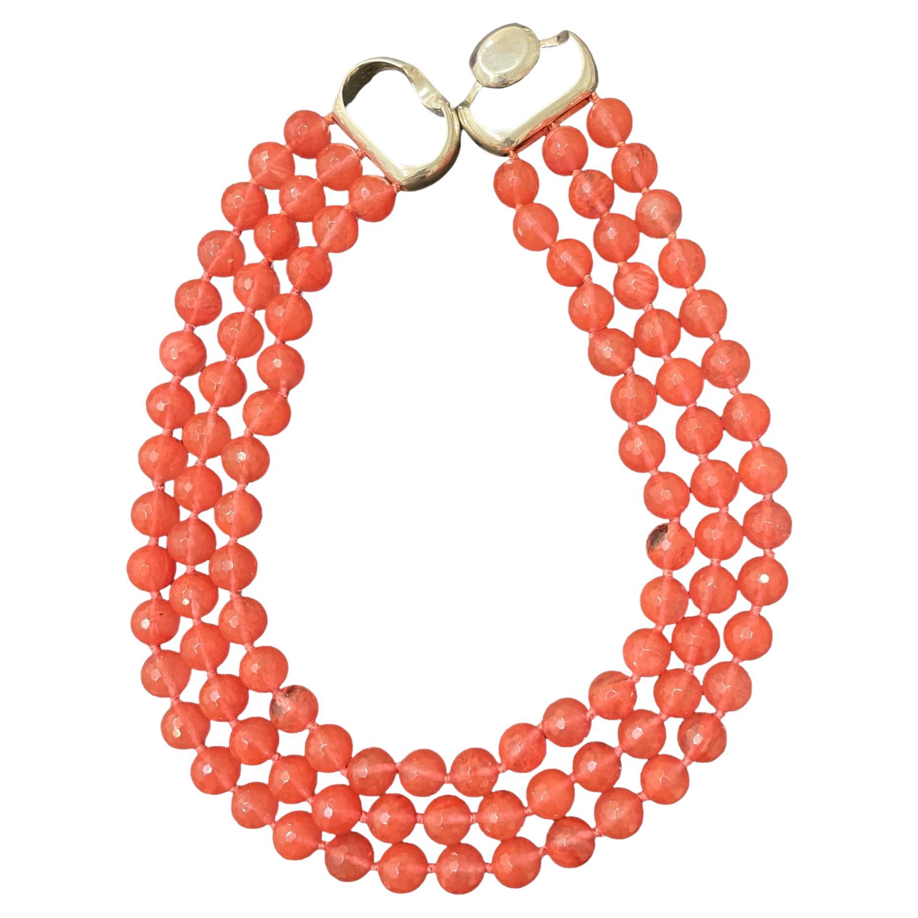 Patricia Von Musulin 3 Strands Tangerine Quartz and Sterling Silver Clasp. For Sale