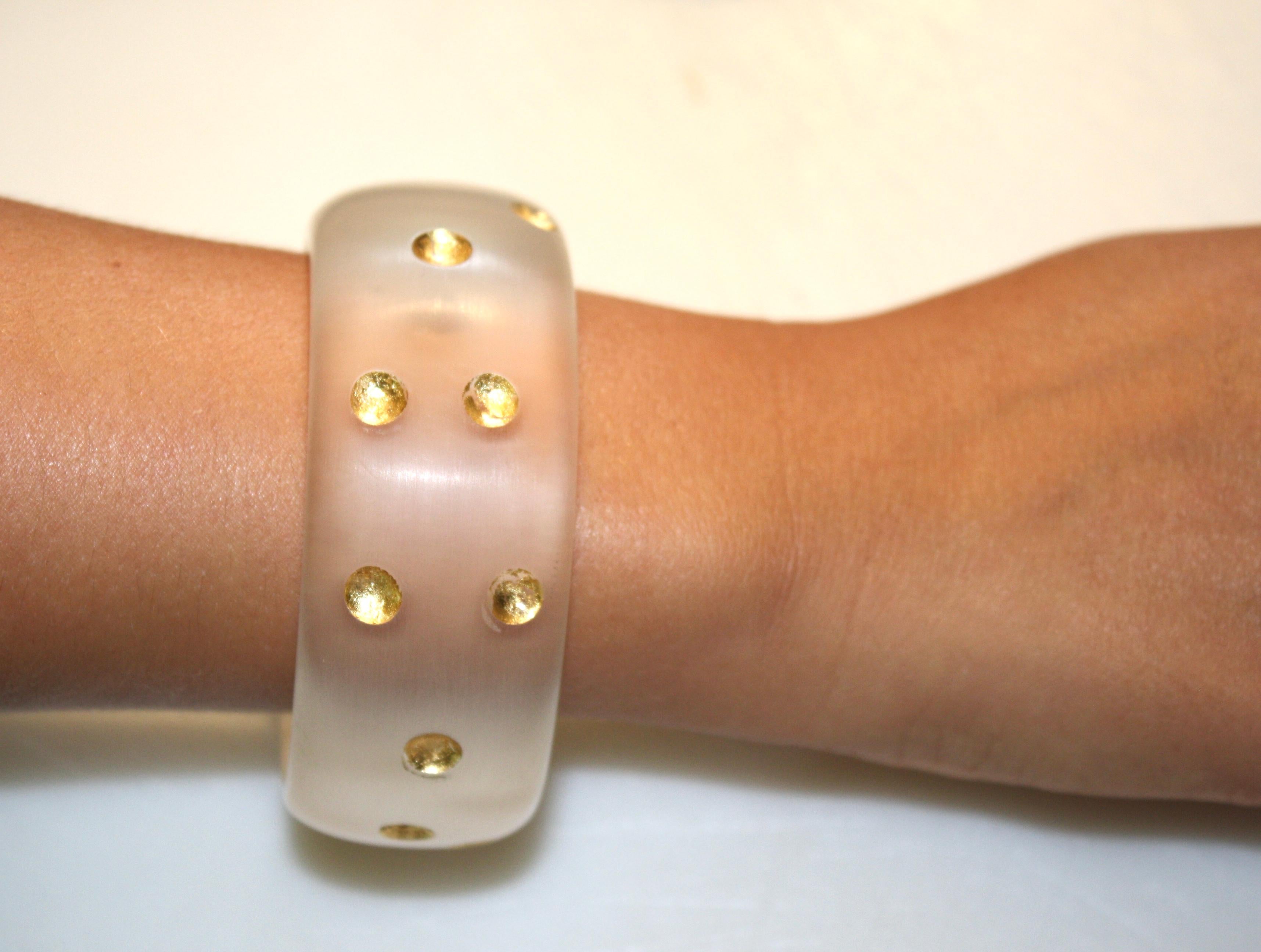 Hand carved frosted lucite bracelet with 24kt polka dots from famed designer Patricia von Musulin. Custom made. 