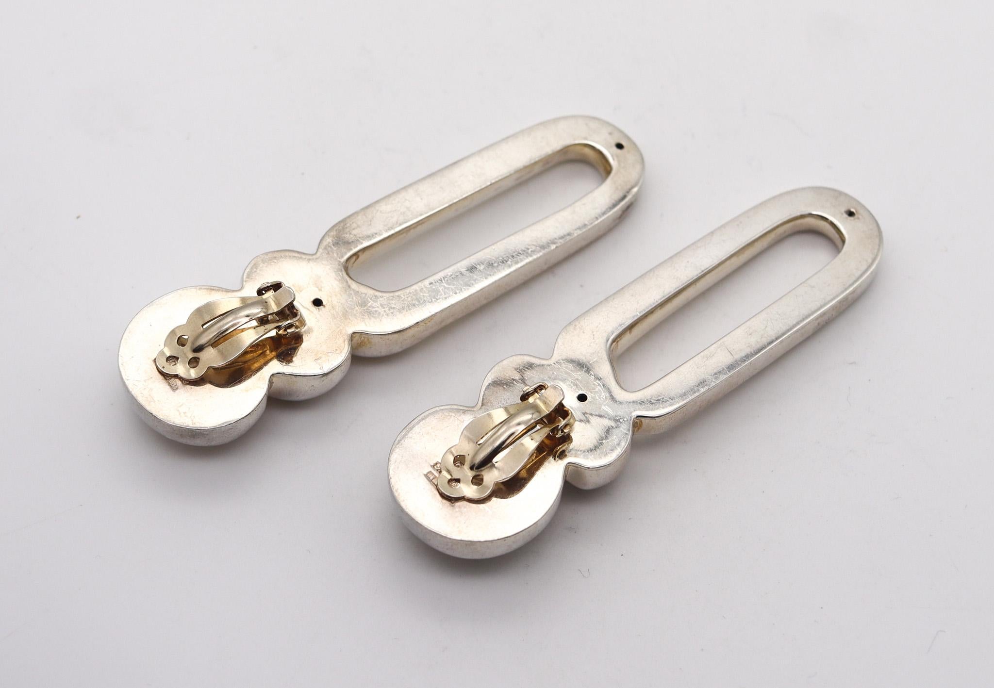 PATRICIA VON MUSULIN Geometric Dangle Clips-On Earrings In .925 Sterling Silver In Excellent Condition In Miami, FL
