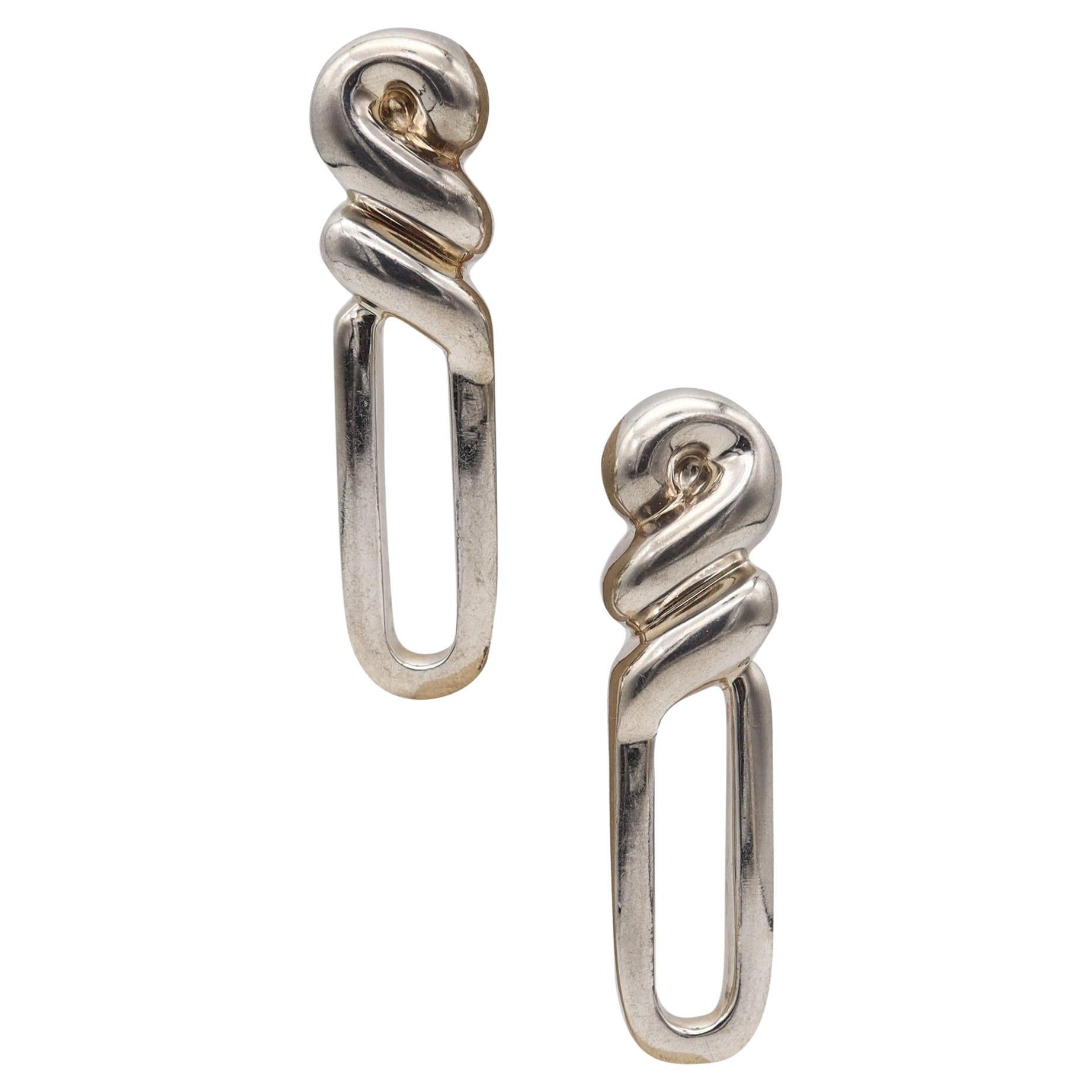 PATRICIA VON MUSULIN Geometric Dangle Clips-On Earrings In .925 Sterling Silver For Sale