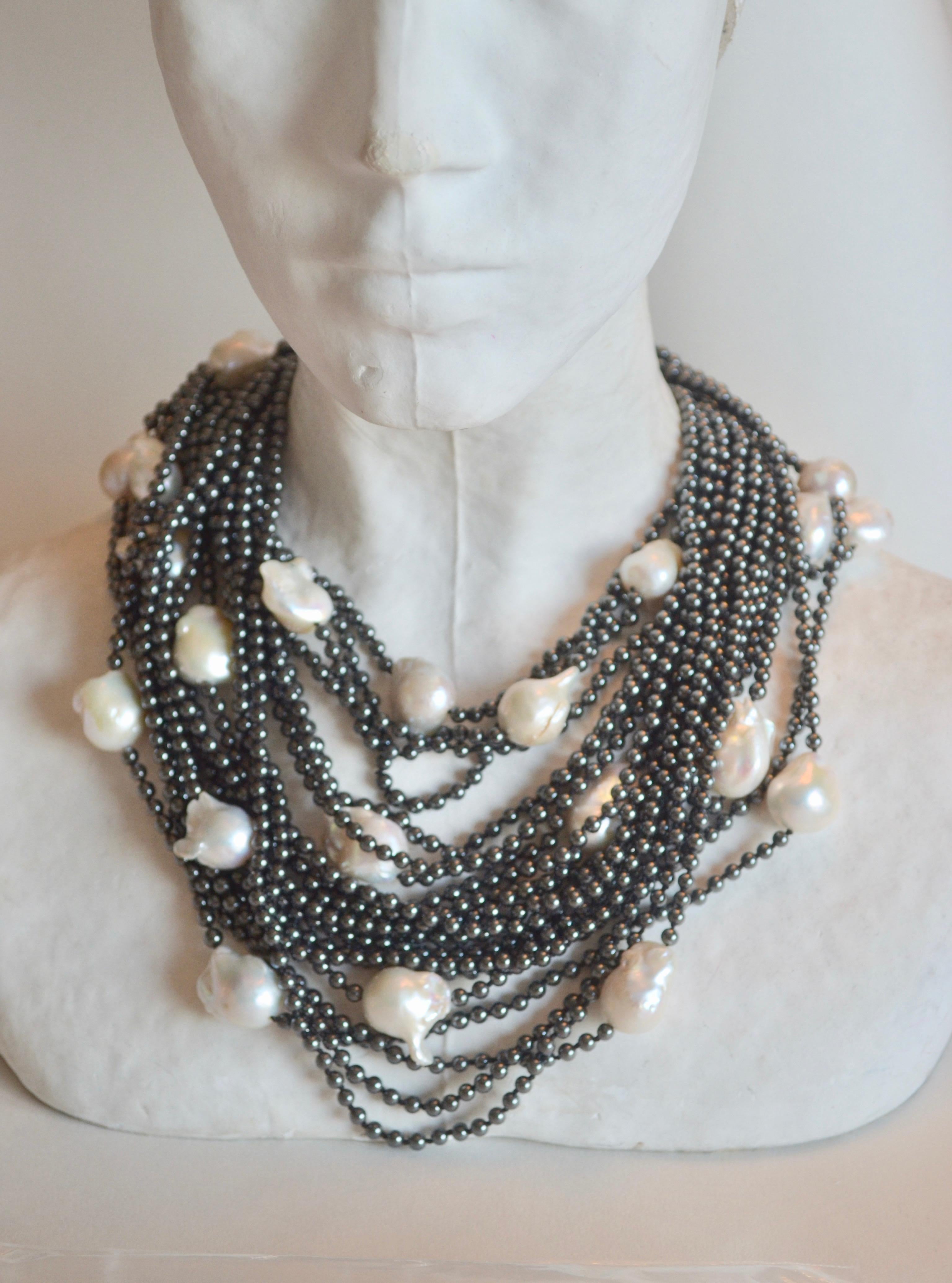 Patricia von Musulin Hematite and Baroque Pearl Twenty Strand Necklace 1