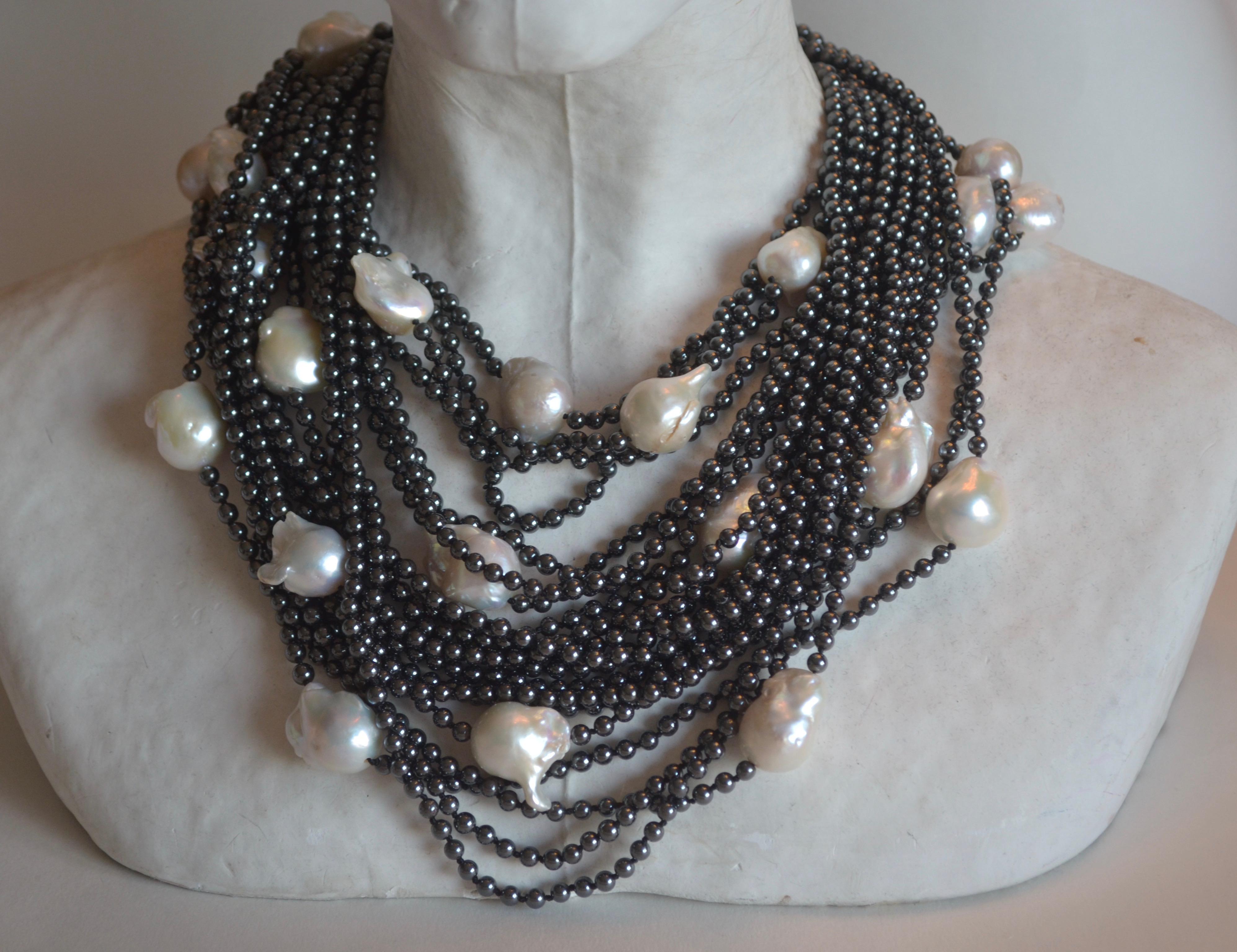 Patricia von Musulin Hematite and Baroque Pearl Twenty Strand Necklace 2