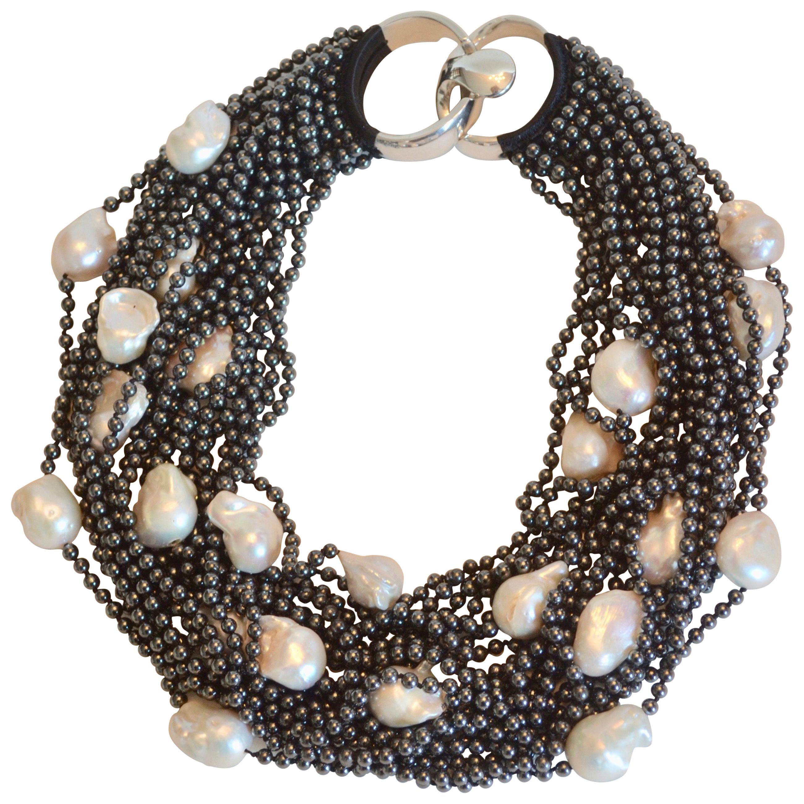Patricia von Musulin Hematite and Baroque Pearl Twenty Strand Necklace