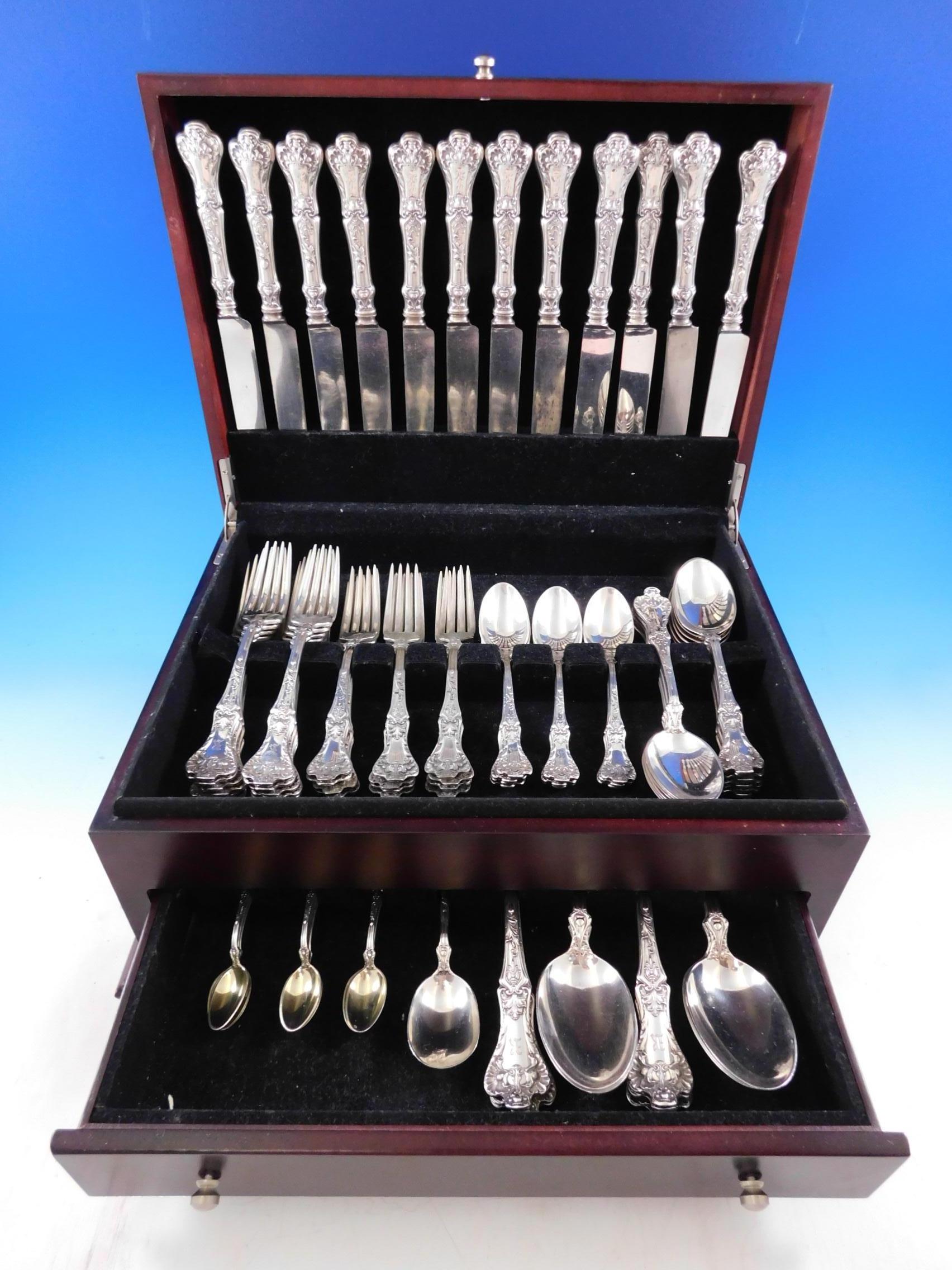 Dinner size Art Nouveau Patrician by Gorham, circa 1901, sterling silver flatware, 83 pieces. This set includes:

12 dinner size knives w/blunt plated blades, 9 5/8