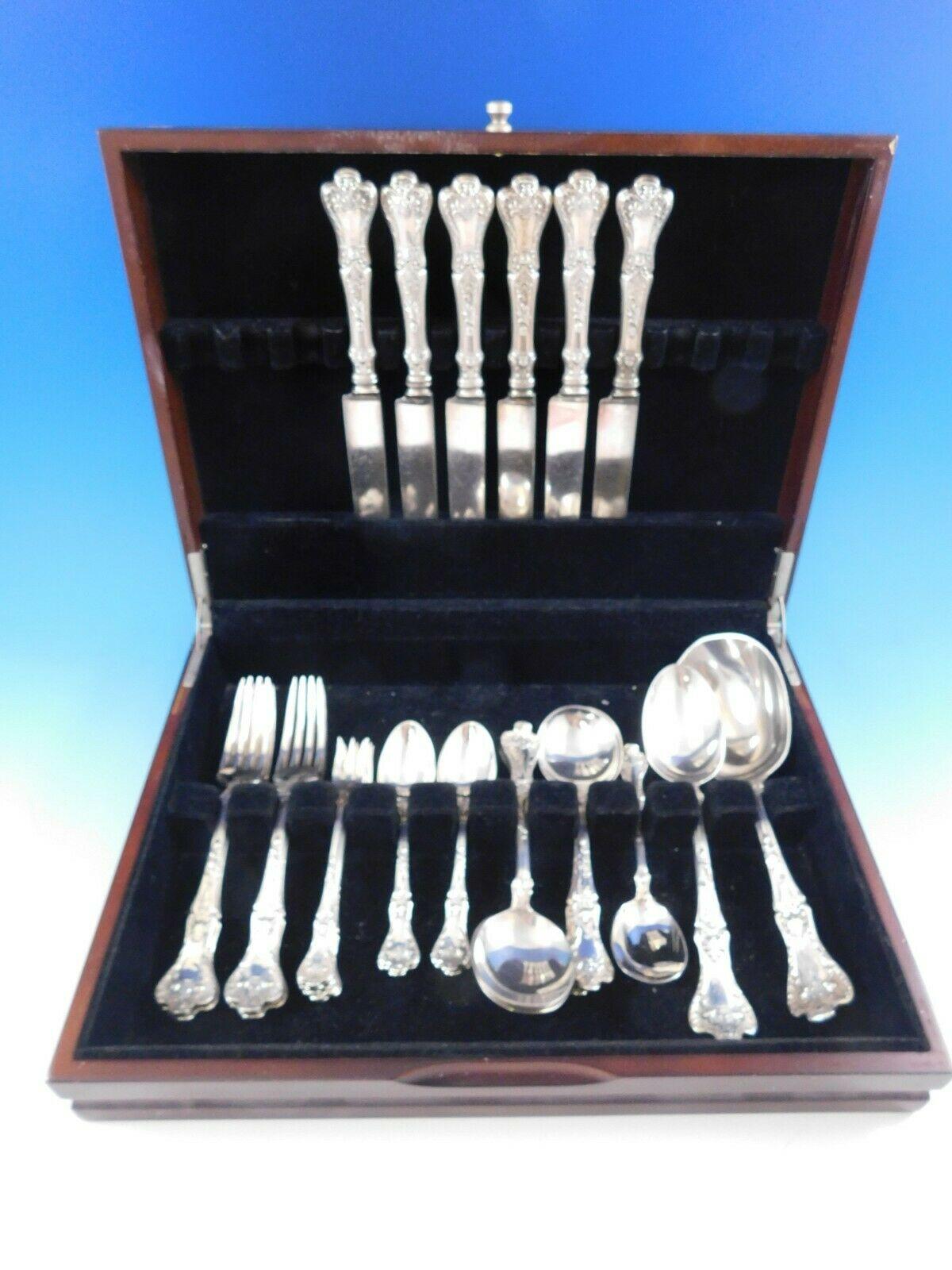 Dinner size patrician by Gorham sterling silver flatware, 33 pieces. This set includes:

6 dinner size knives with blunt plated blades, 9 3/4