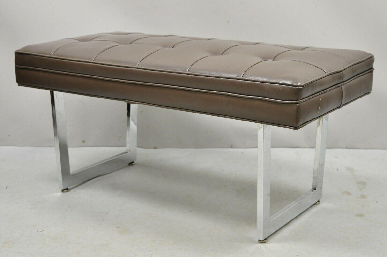 Patrician Chrome Frame Mid-Century Modern Brown Tufted Naugahyde Bench 7