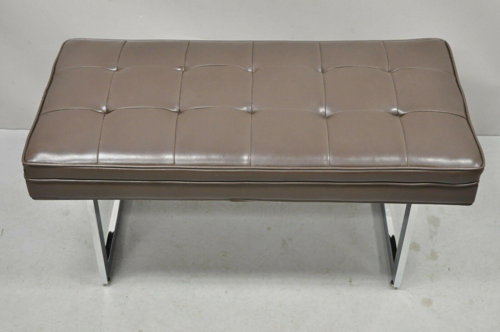 Patrician Chrome Frame Mid-Century Modern Brown Tufted Naugahyde Bench 2