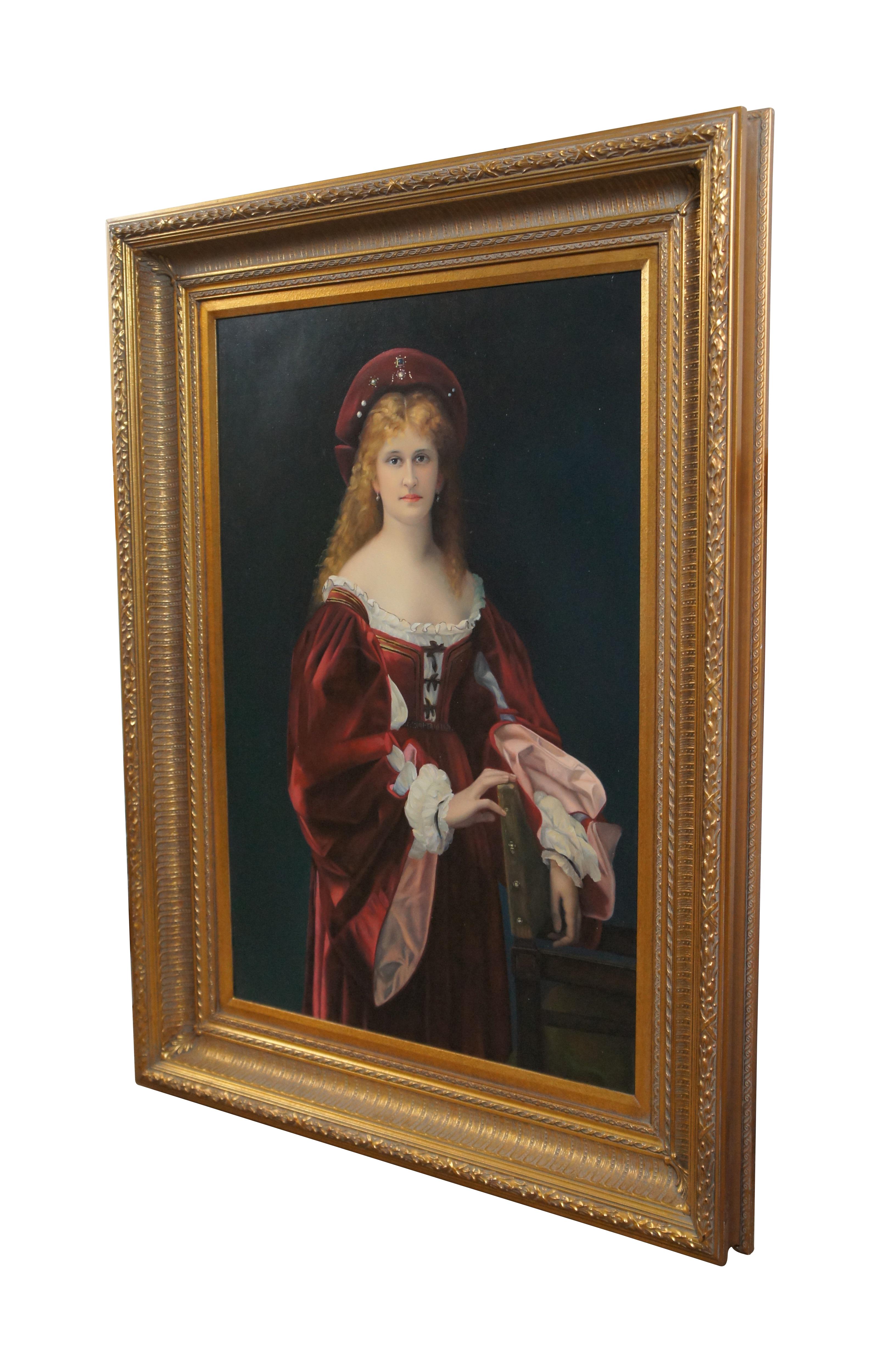#39707

Very large and impressive hand painted reproduction oil portrait painting on canvas after “Patricienne de Venise” (Patrician of Venice) originally painted in 1881 by Alexandre Cabanel, showing a woman with long red hair in an elegant red