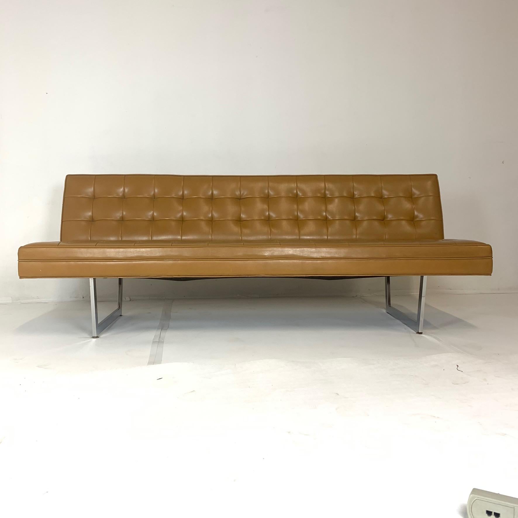 Patrician Sleek Midcentury Steel Sled Base Tufted Gallery Sofa Saddle Naugahyde In Good Condition In Hudson, NY