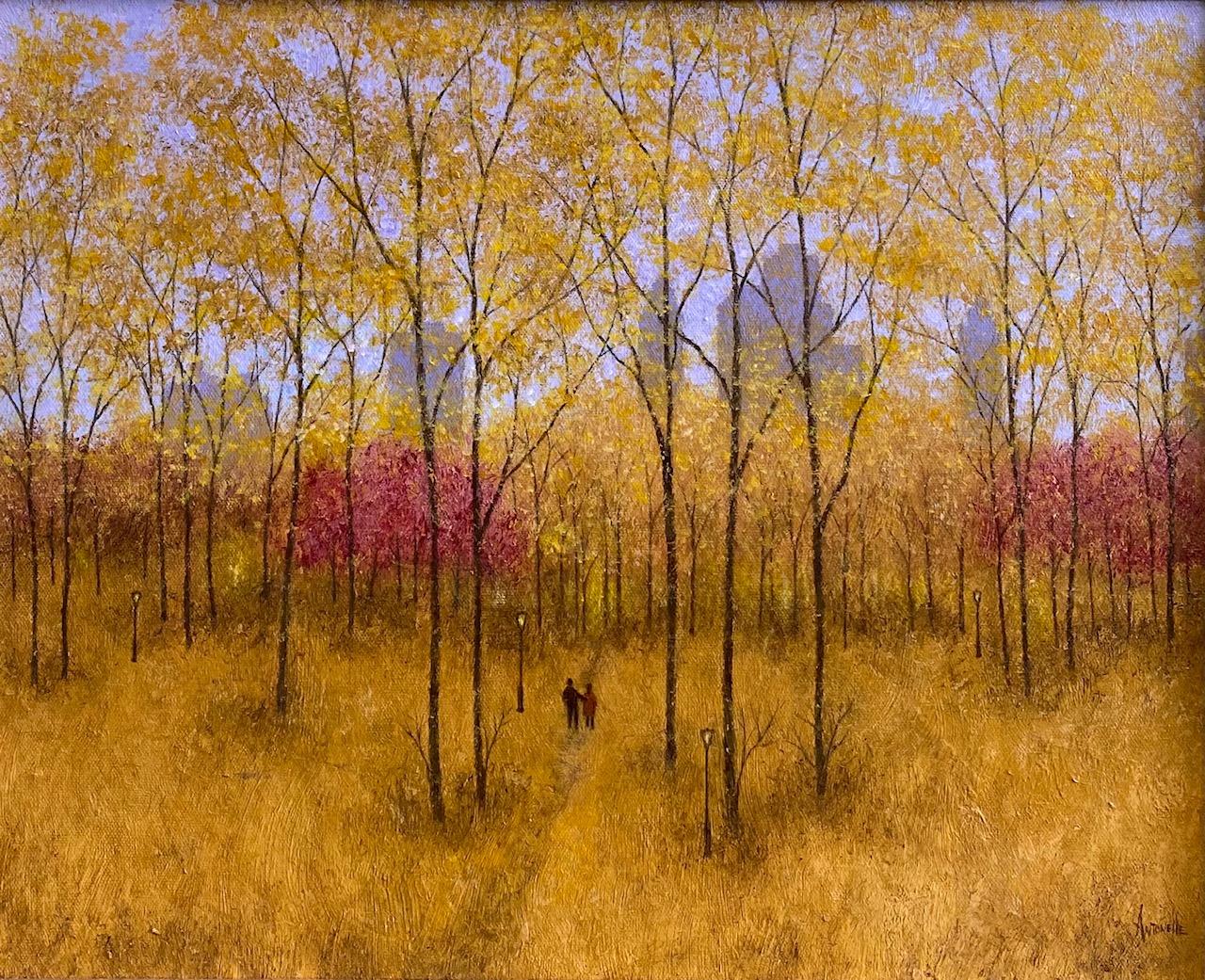 Autumn Stroll II, original contemporary NYC landscape - Painting by Patrick Antonelle