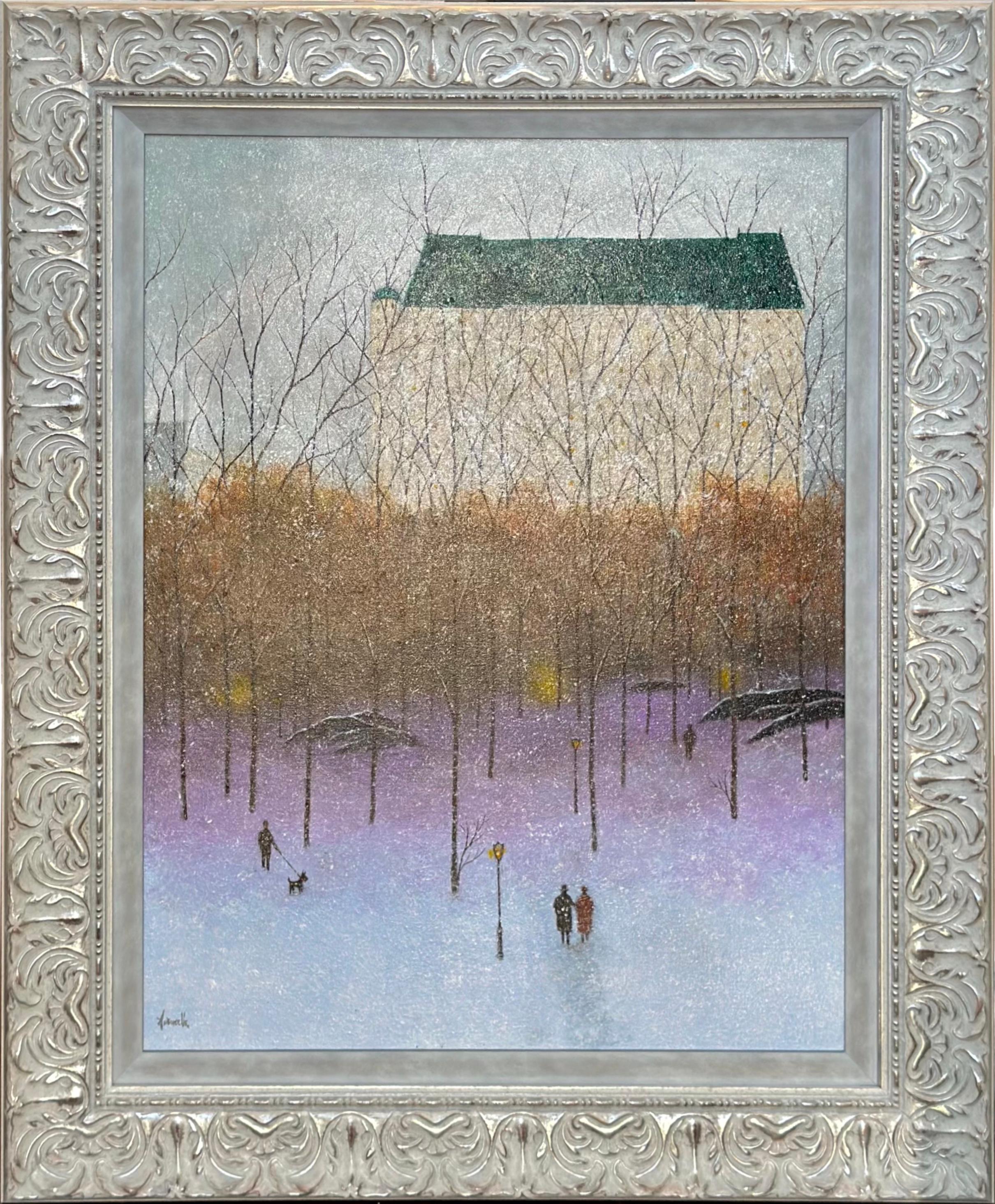 Autumn Snow - Central Park  (Plaza Hotel) - Painting by Patrick Antonelle