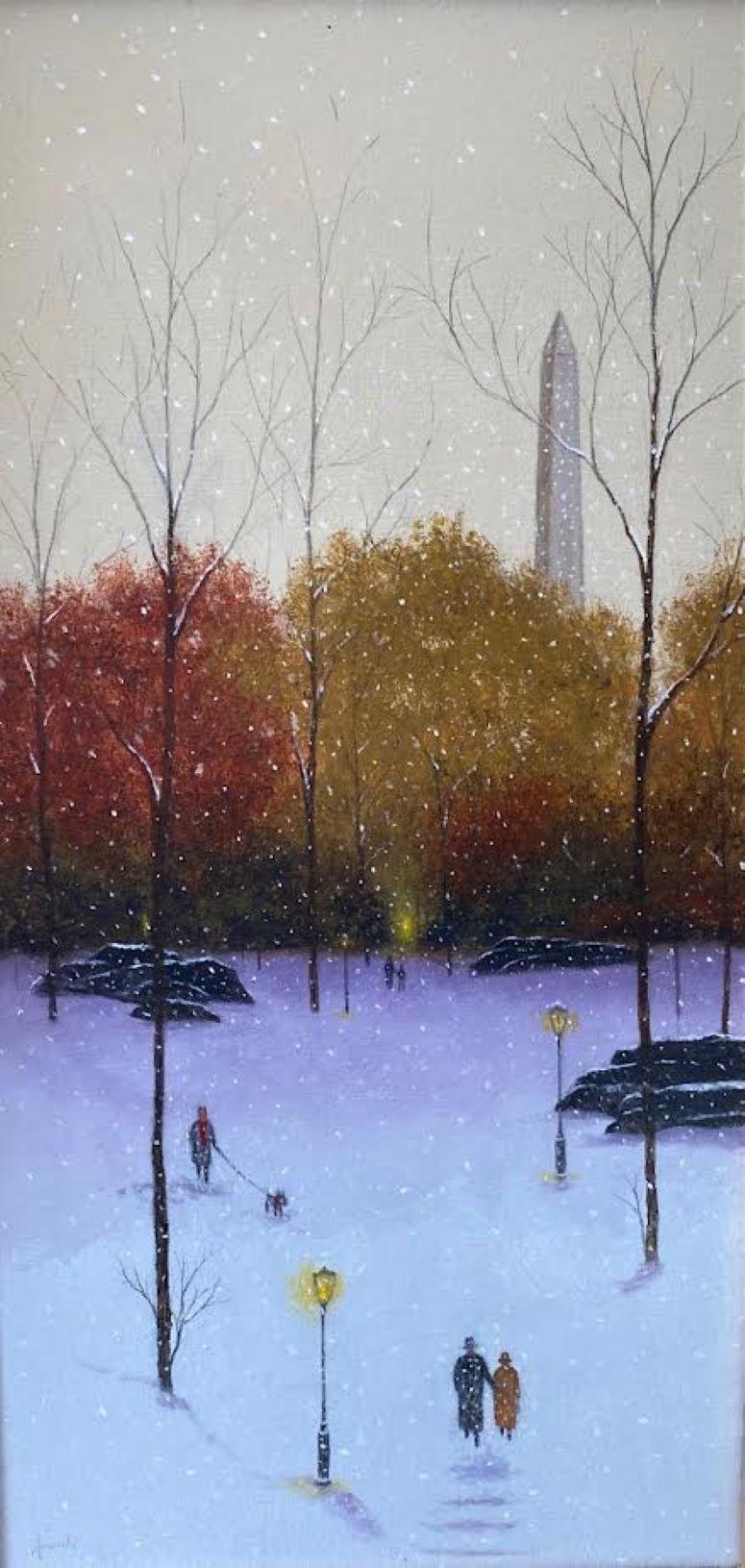 Central Park Obelisk, original 24x12 contemporary NYC winter landscape - Painting by Patrick Antonelle