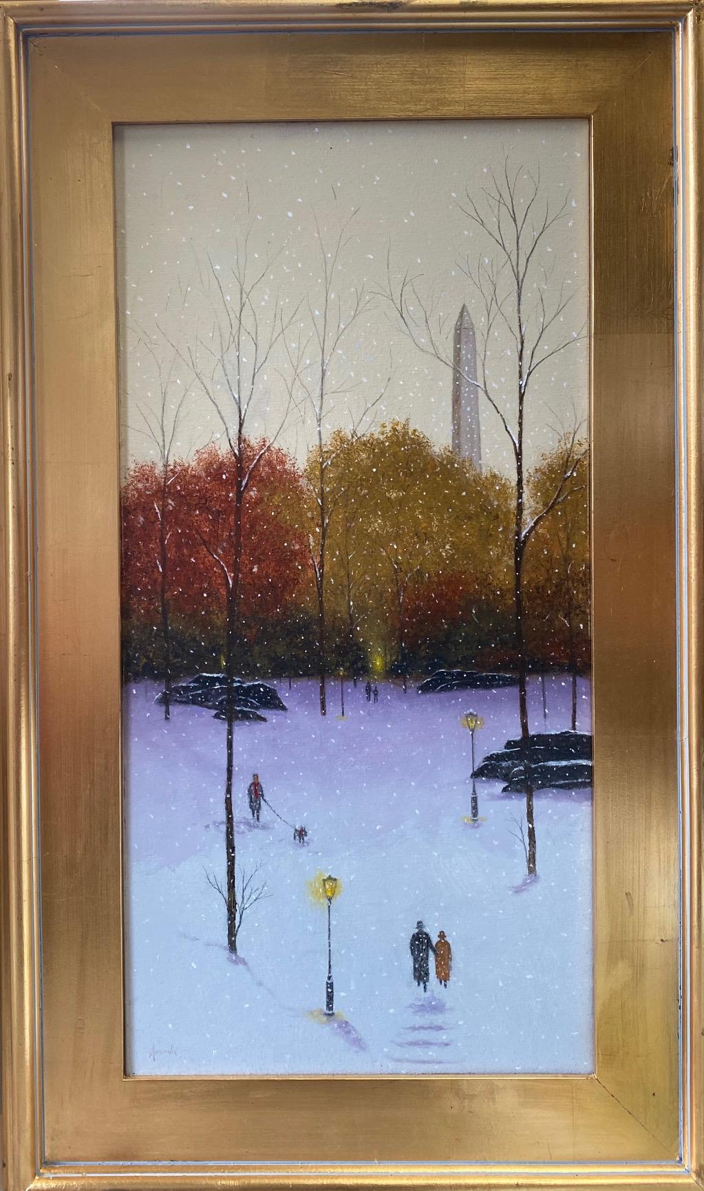 Landscape Painting Patrick Antonelle - Central Park Obelisk, original 24x12 contemporain NYC winter landscape