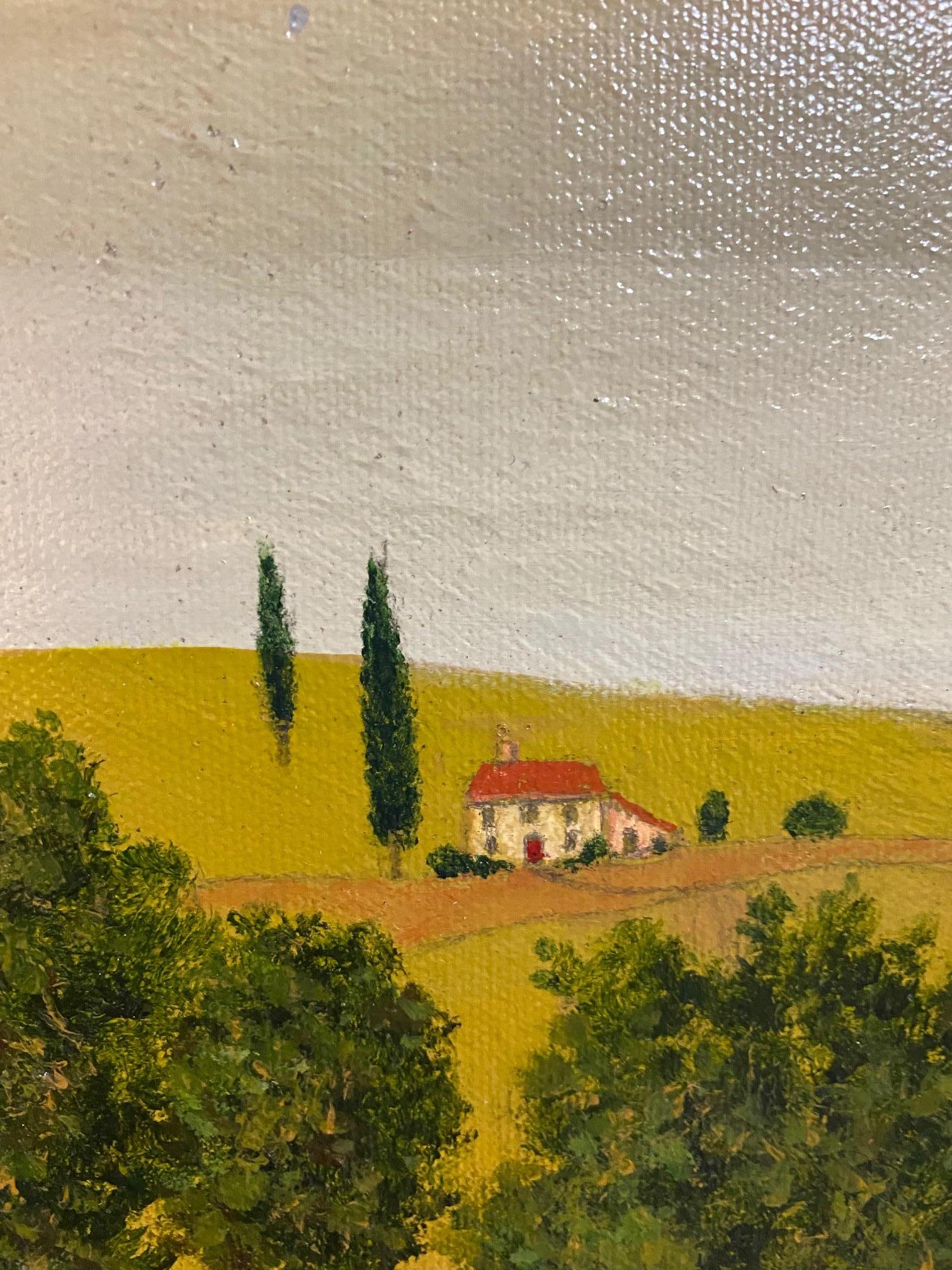 With a mixture of oil and acrylic paints plus 40 years of experience, artist Patrick Antonelle evokes generations of the sublime rural dreamland that is the Tuscan Hills in this original contemporary Italian landscape! Walking through the green,